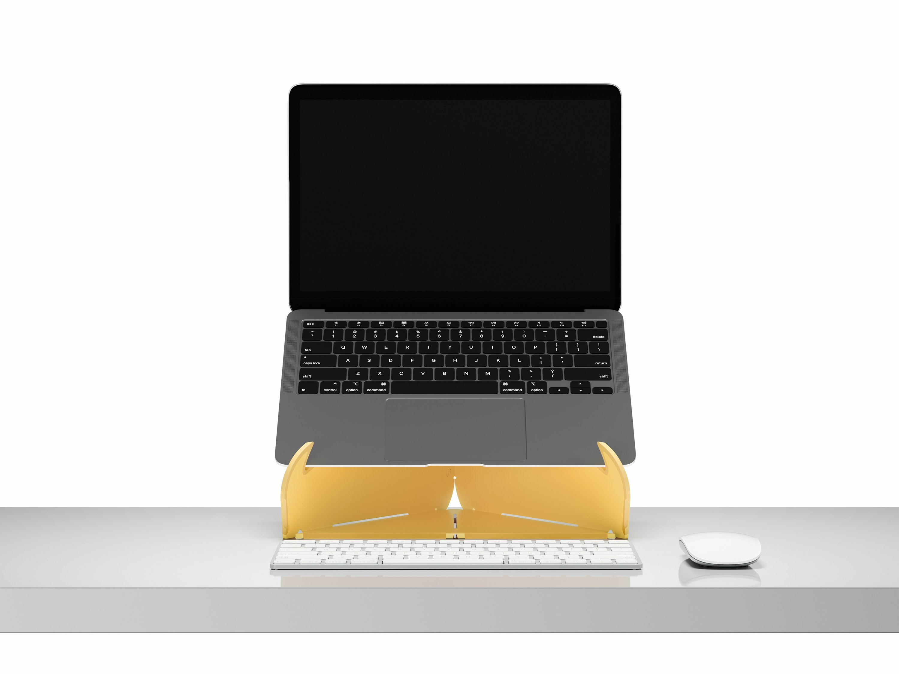 An open laptop raised to eye level on an Oripura Laptop Stand In yellow placed on a desk with work tools.