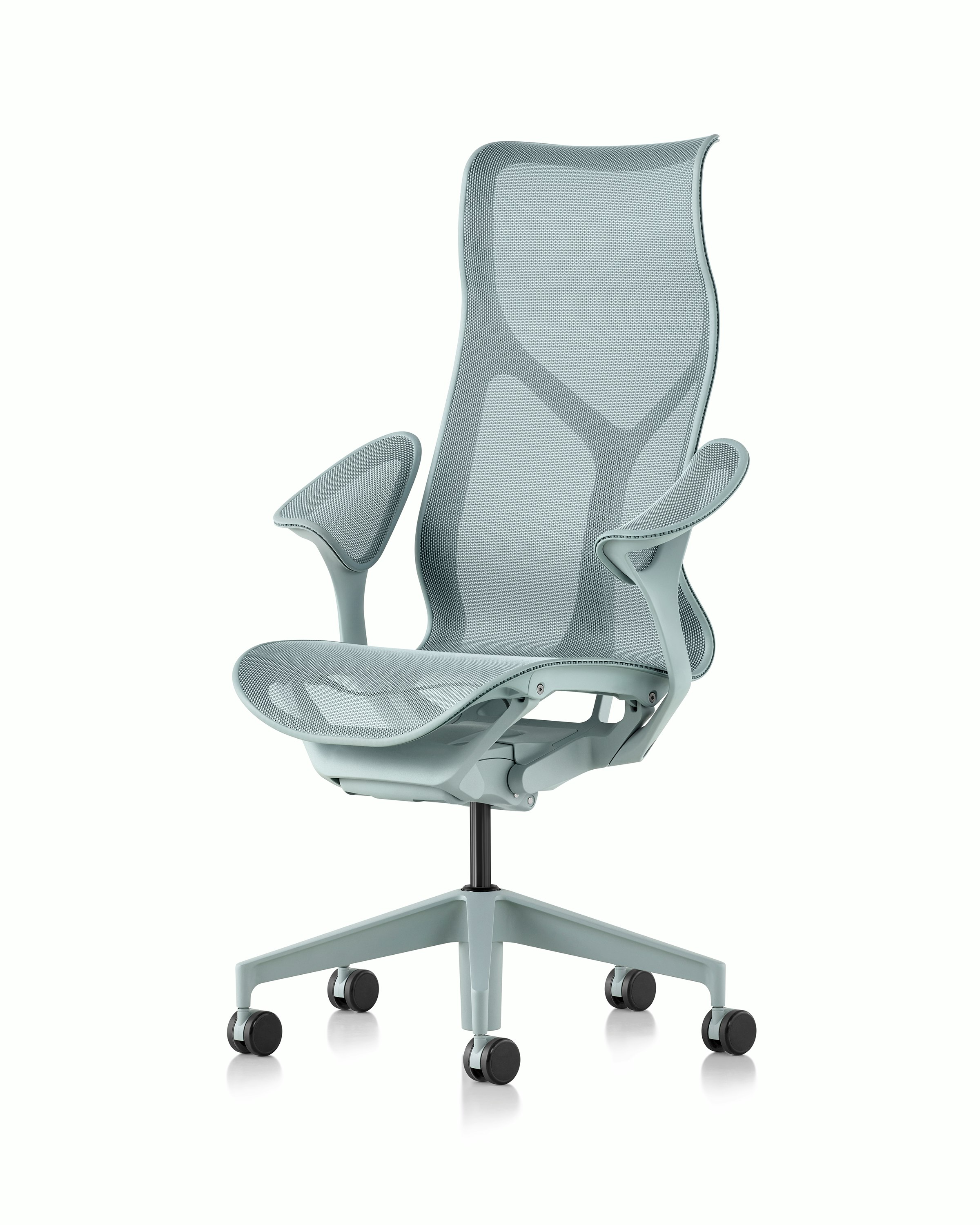 Cosm high back chair, front angle, light blue.