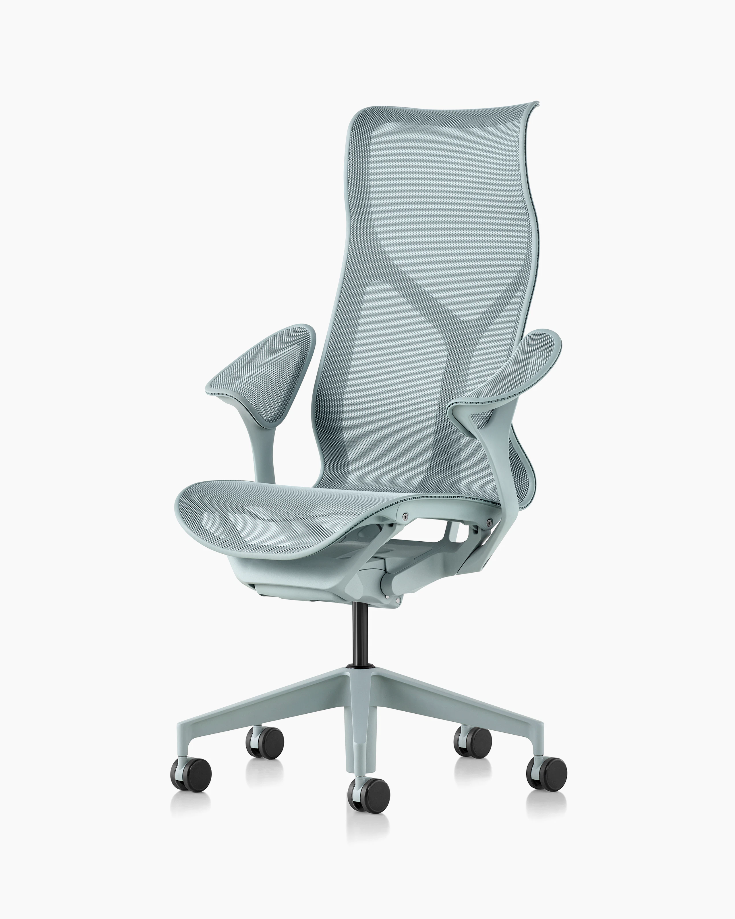 Cosm high back chair, front angle, light blue.