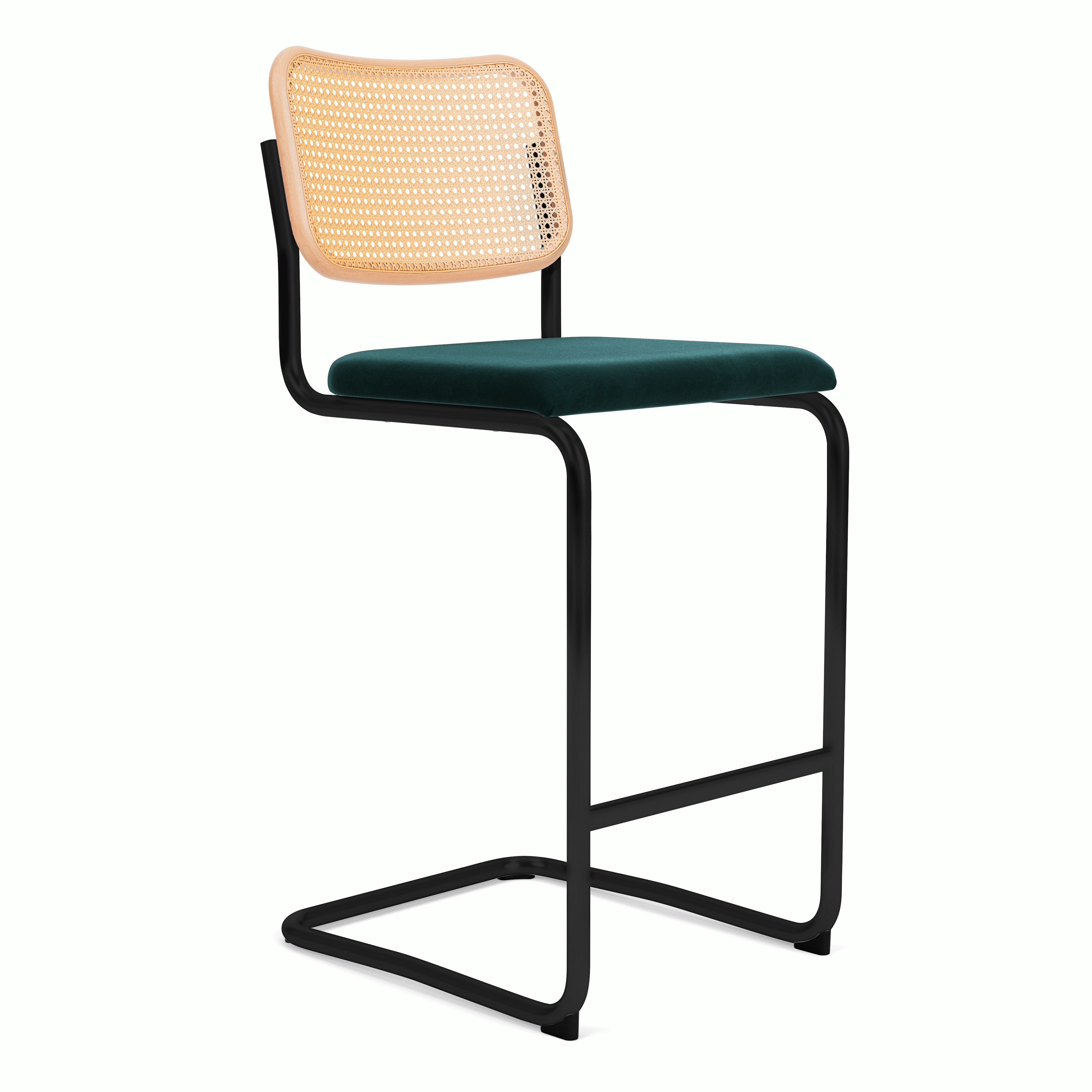 Cesca Upholstered Stool - Natural Beech,  Bar Height ,  Seat Pad,  Knoll Velvet,  Teal,  black frame