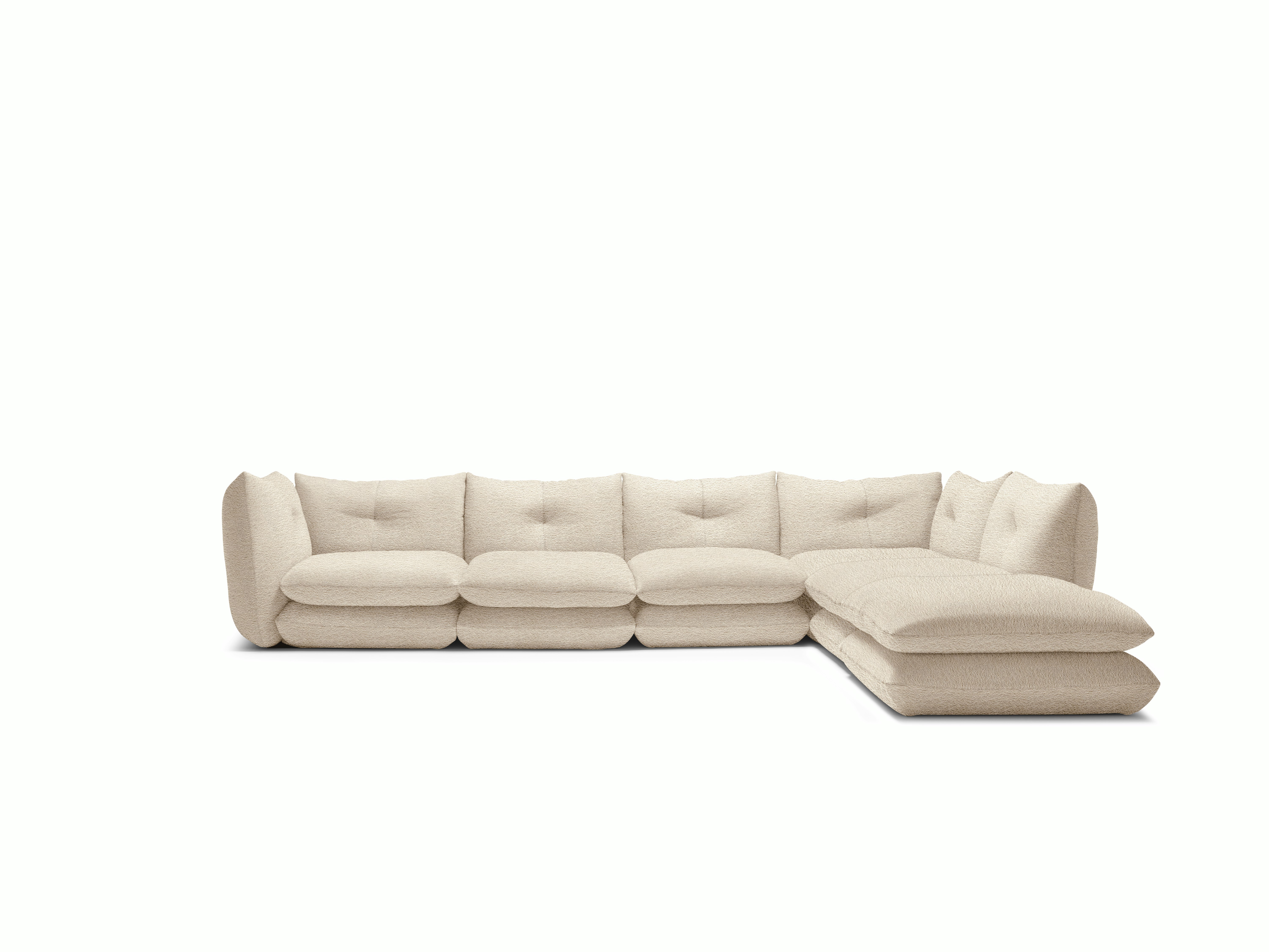 Pillo Sectional -  Right,  Five Seater with Ottoman,  Deep,  Curly,  Ivory