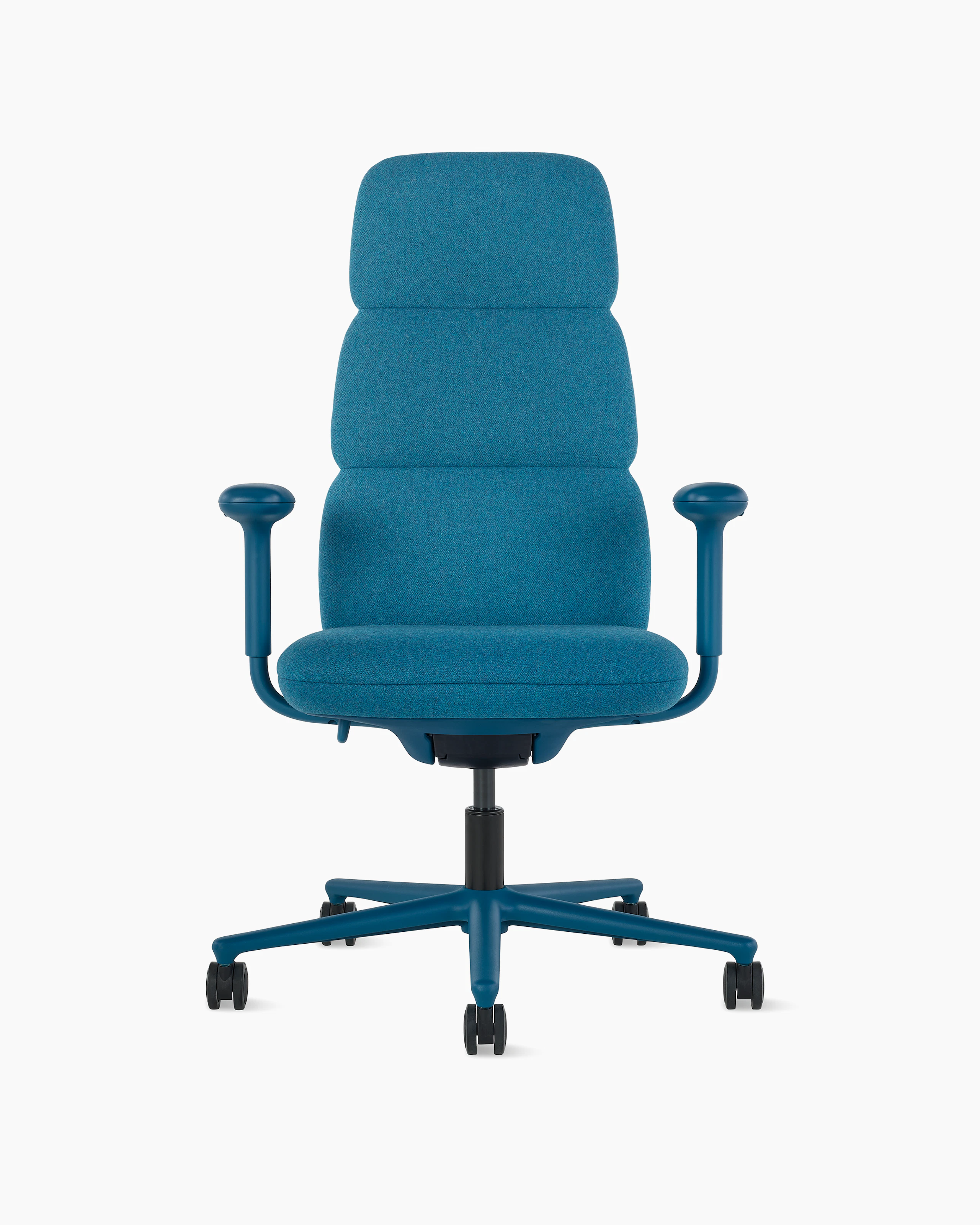 Front view of a high-back Asari chair by Herman Miller in teal blue with height adjustable arms.