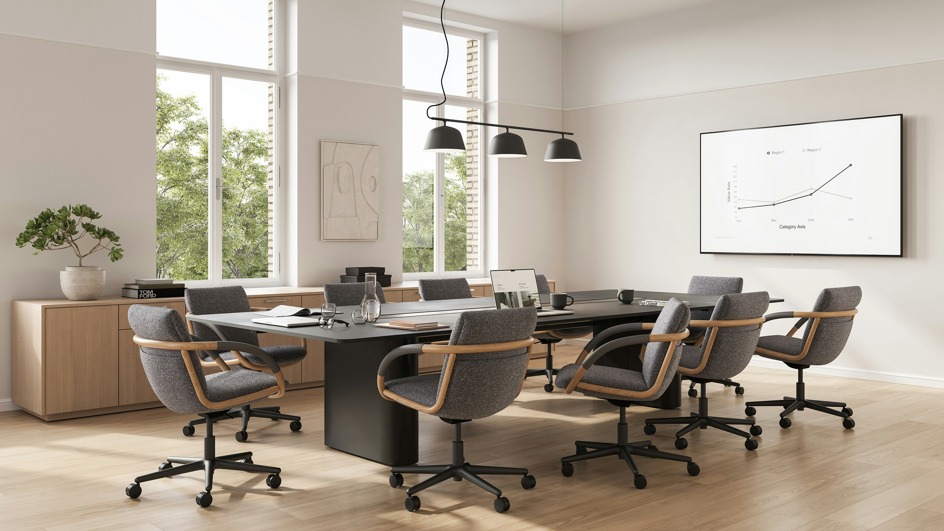 Full Loop Office Chairs around an Axon Conference Table in a conference room setting.