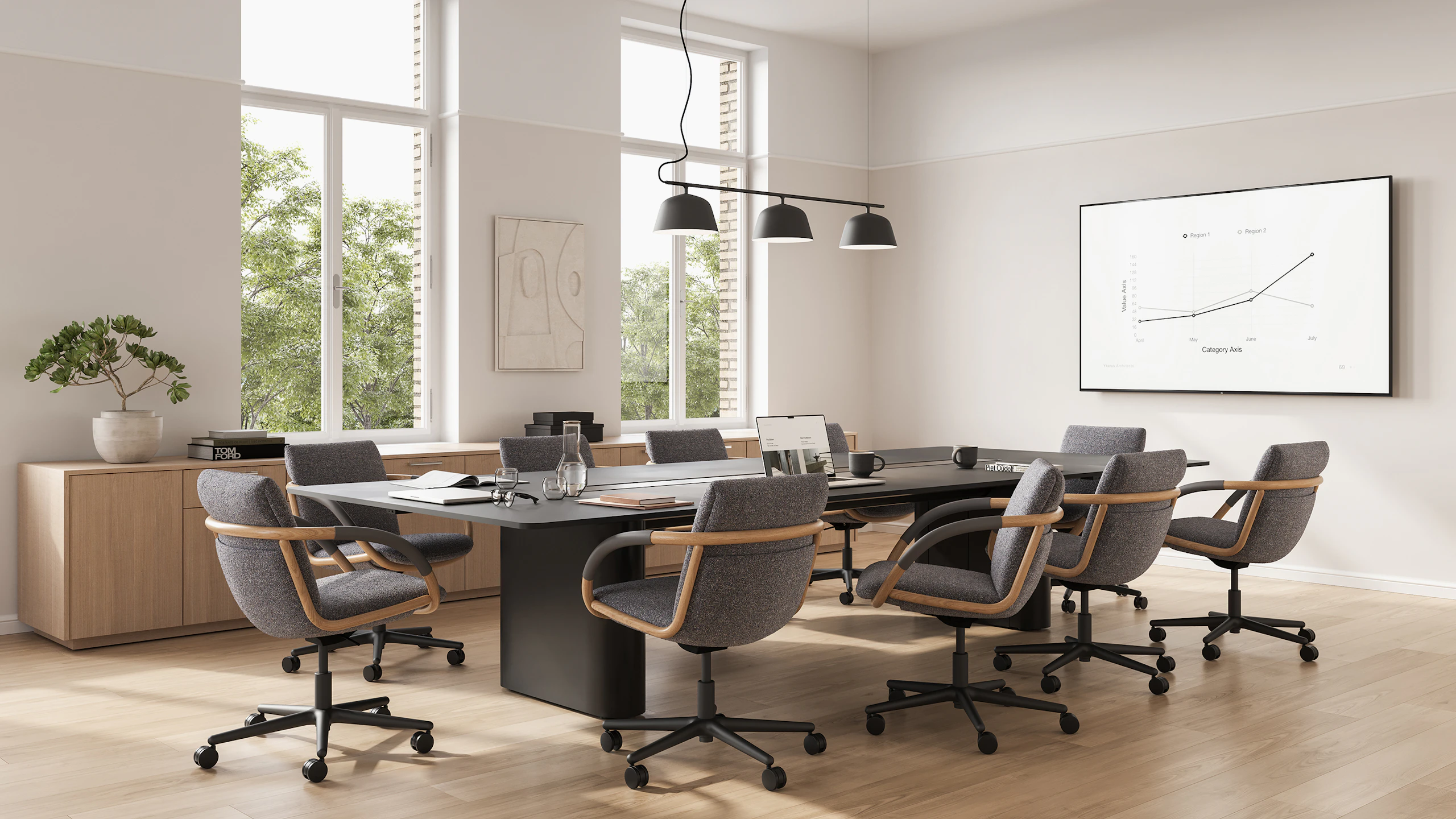 Full Loop Office Chairs around an Axon Conference Table in a conference room setting.