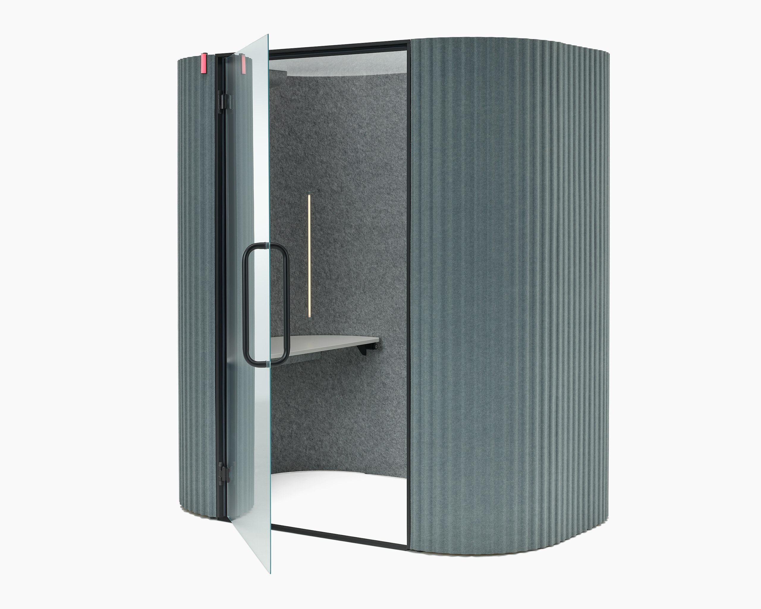 An angle view of a Bay Work Pod Pro with the door ajar and the occupancy sensor lit.