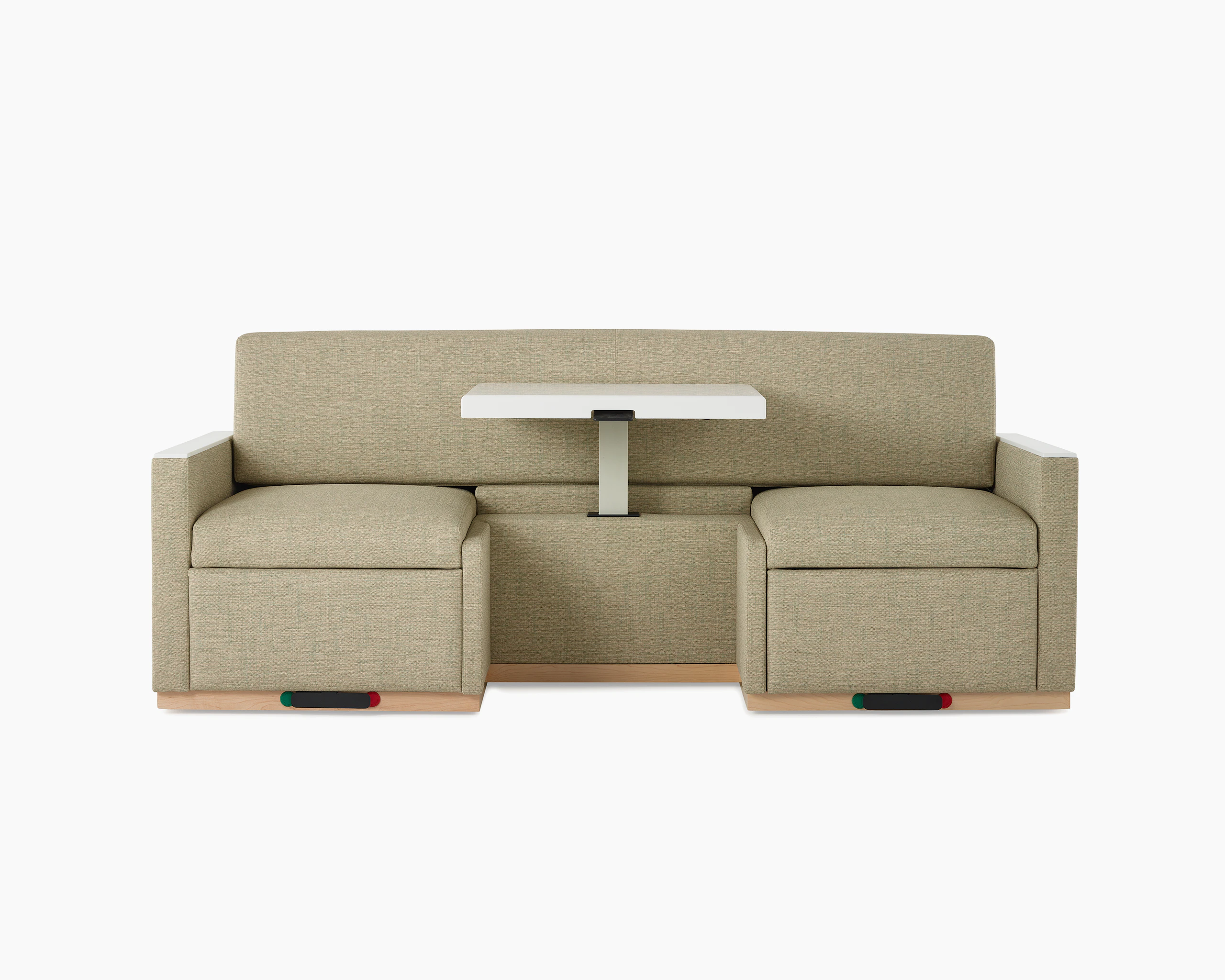 Front view of a Nemschoff Merge 2 Flop Sofa in a beige upholstery with a white center table in an up position and a natural maple base.
