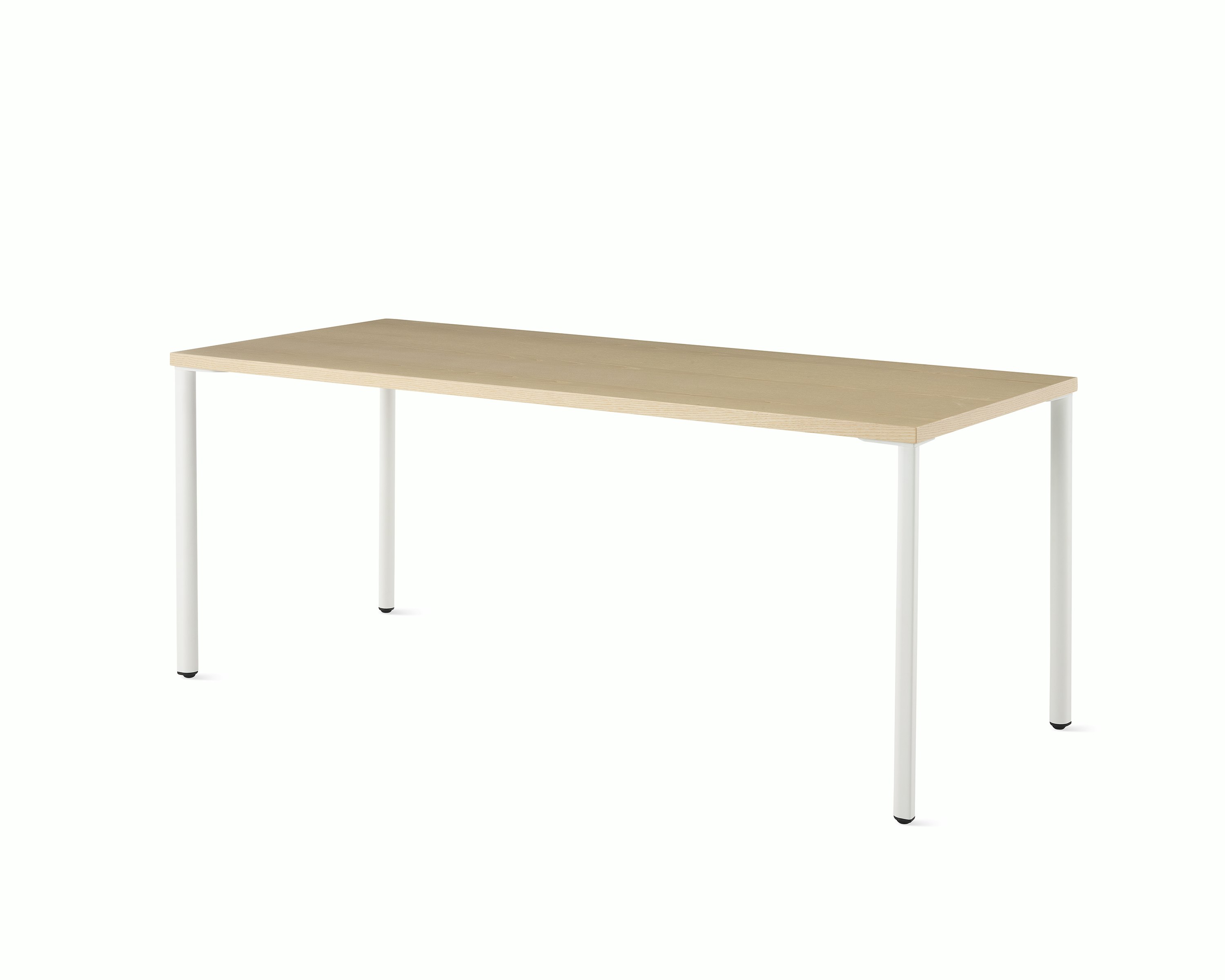 OE1 Rectangular Table with light brown surface and white legs viewed from an angle. 