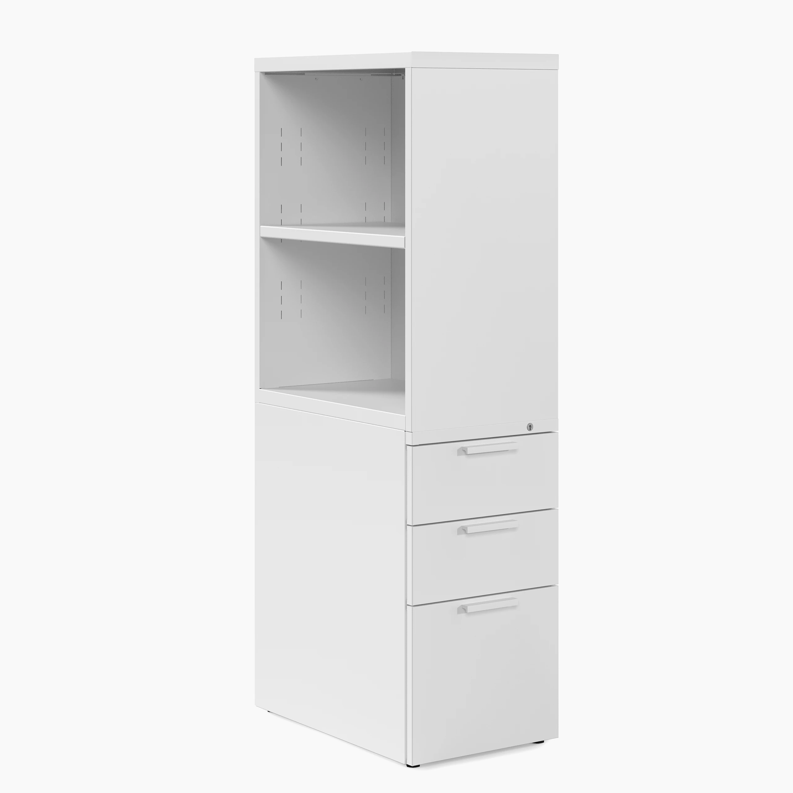 White Series 2 storage tower with side access bookcase, viewed from a front angle.