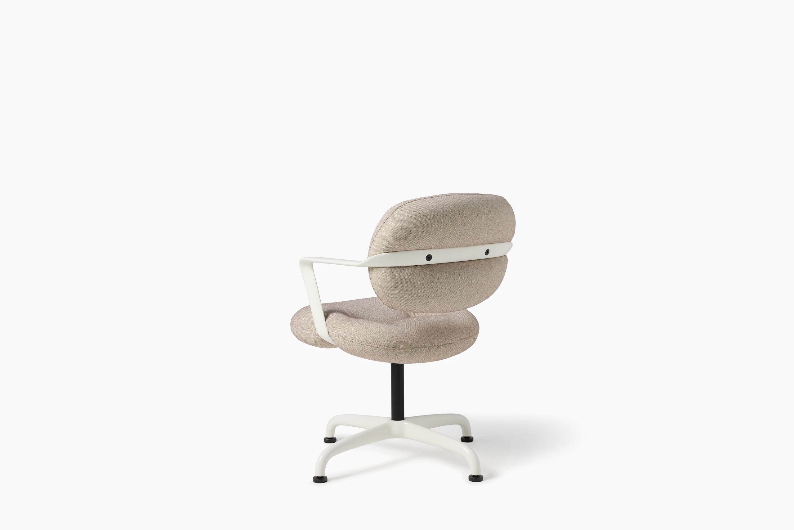 Rear angle view of a Morrison Hannah side chair with a white base with arms and light brown upholstery.