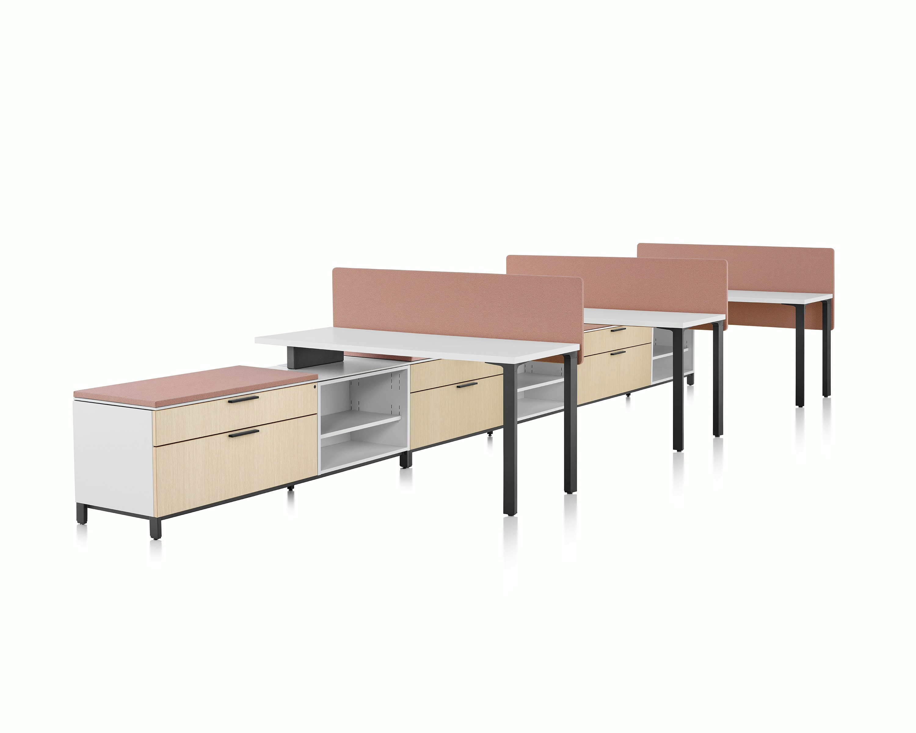 3-pack Canvas Storage workstation with white surfaces, pink screens, and graphite legs.