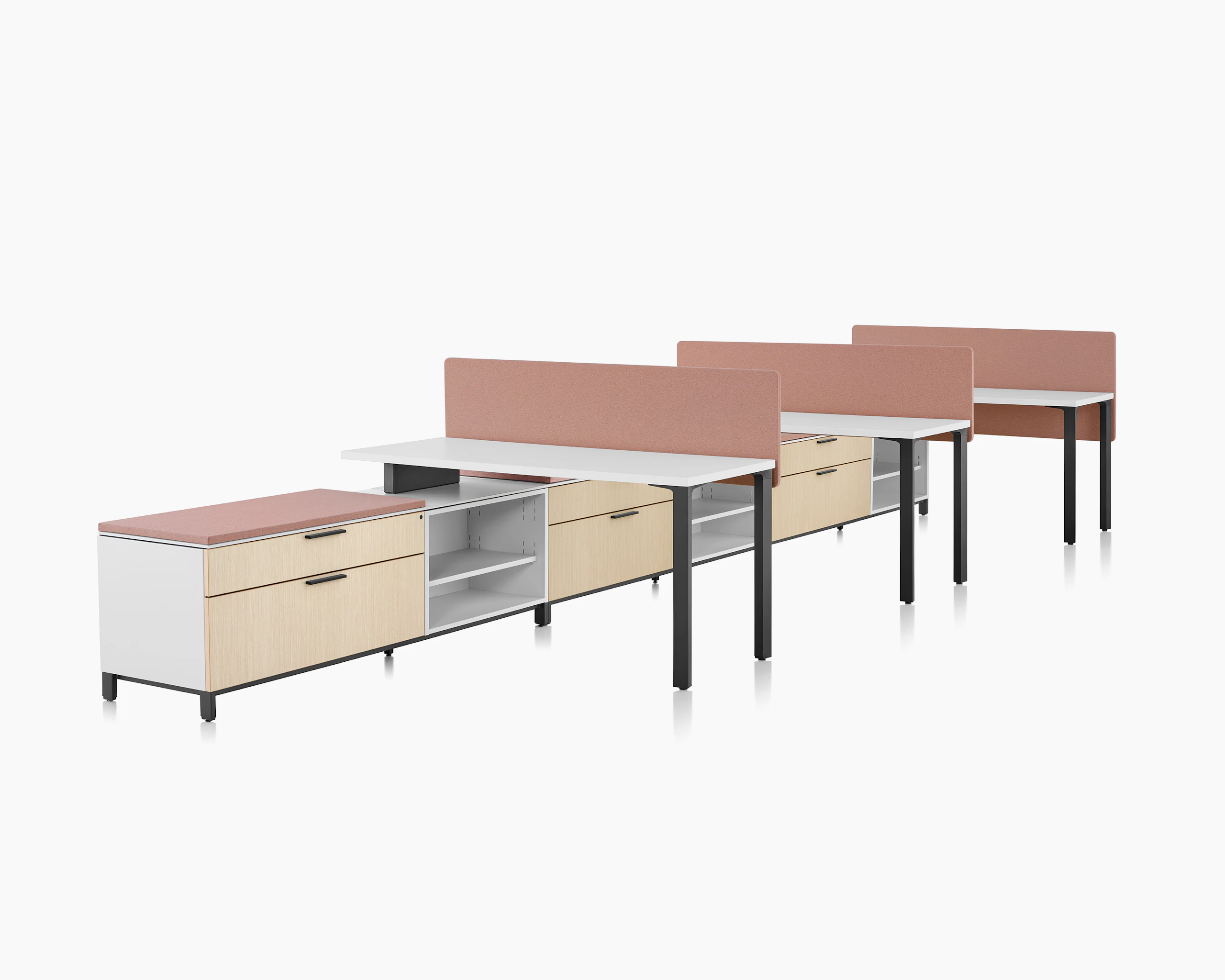 3-pack Canvas Storage workstation with white surfaces, pink screens, and graphite legs.
