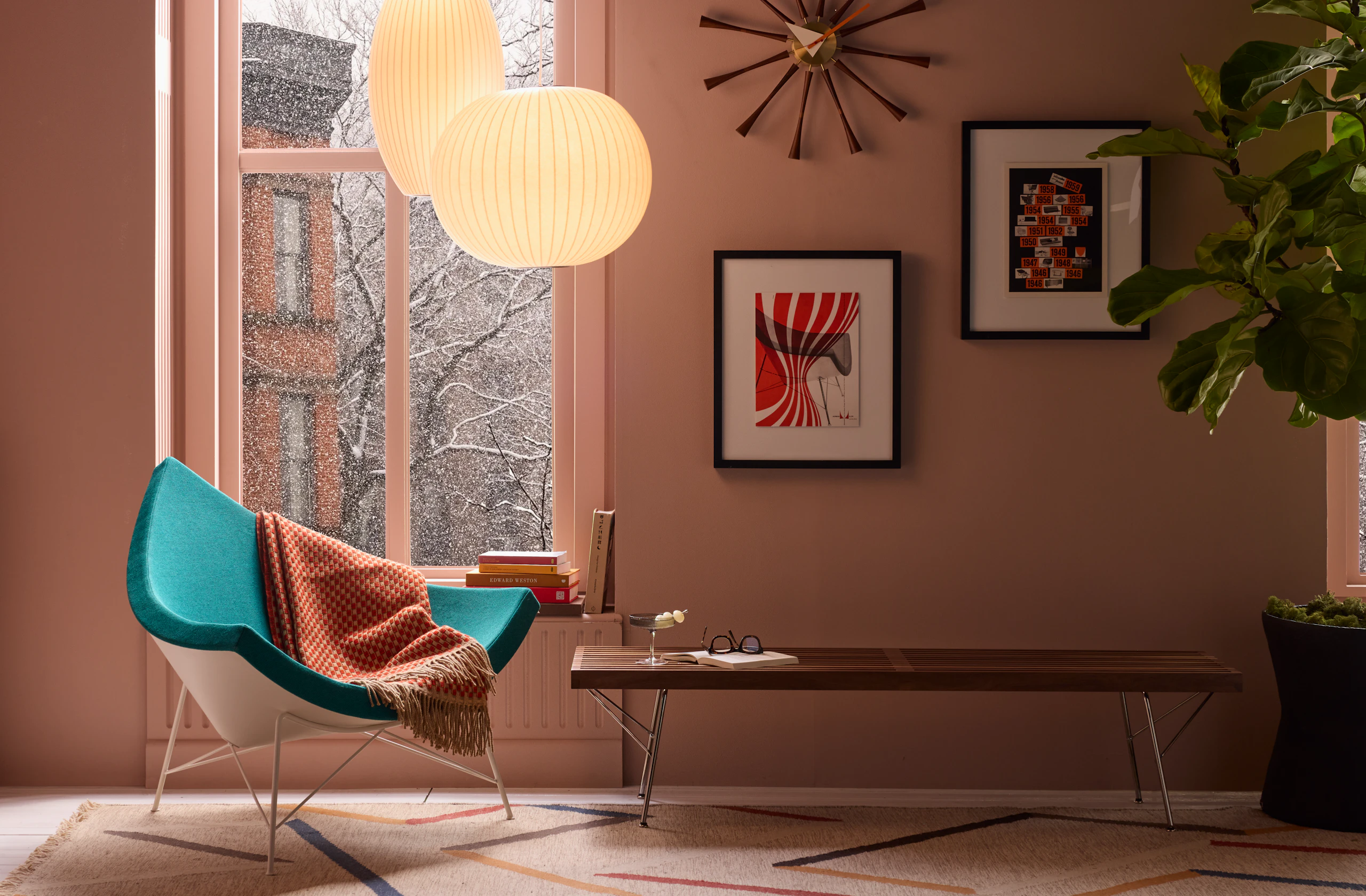 Nelson Coconut Chair, Nelson Bench and Bubble Lamps