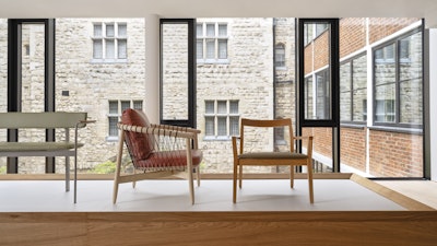 A Krusin chair and Betwixt bench on display at the MillerKnoll London showroom at The Sans
