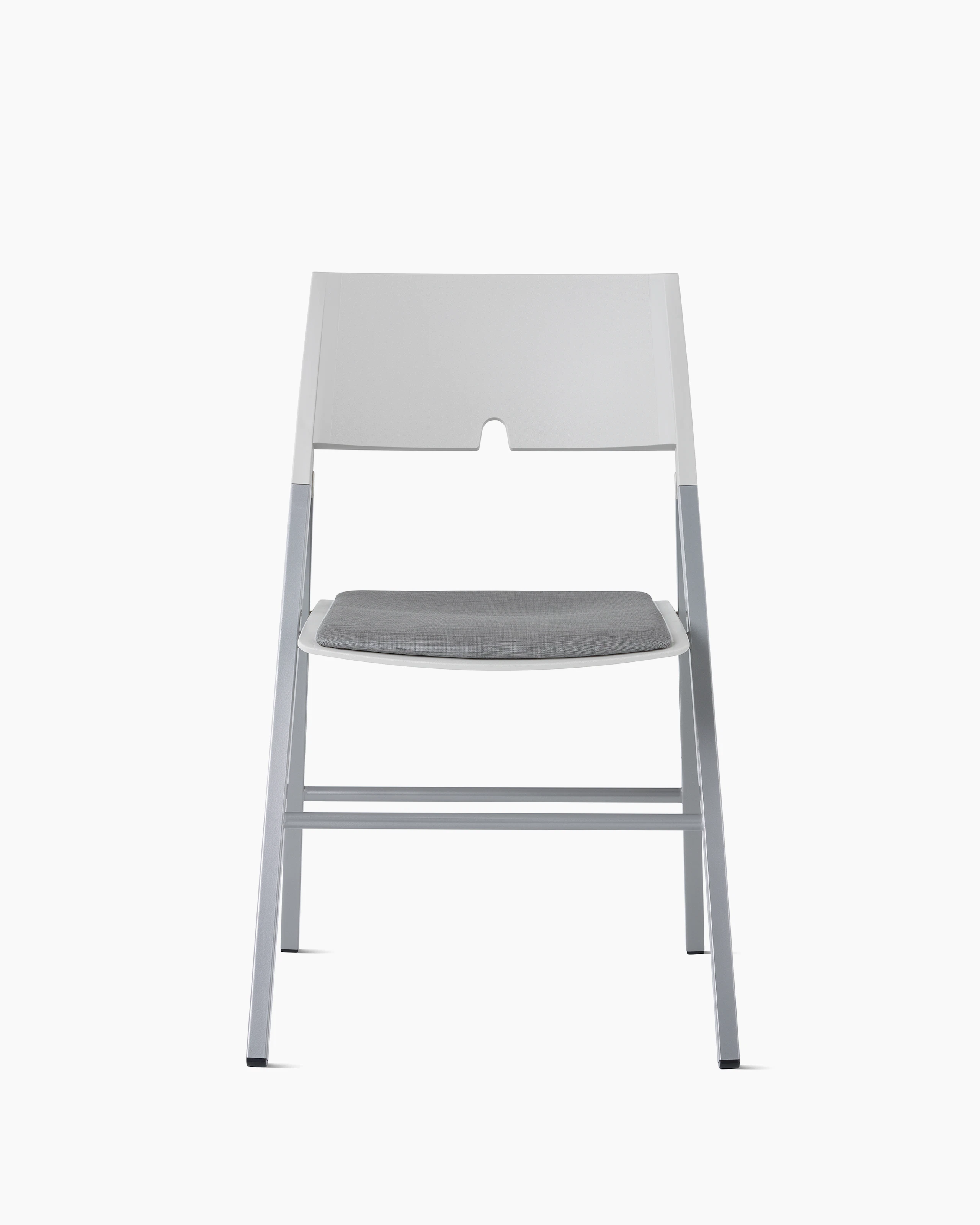 Front view of Axa Folding Chair with a non-upholstered back and seat in a gray upholstery and silver metal frame and legs.
