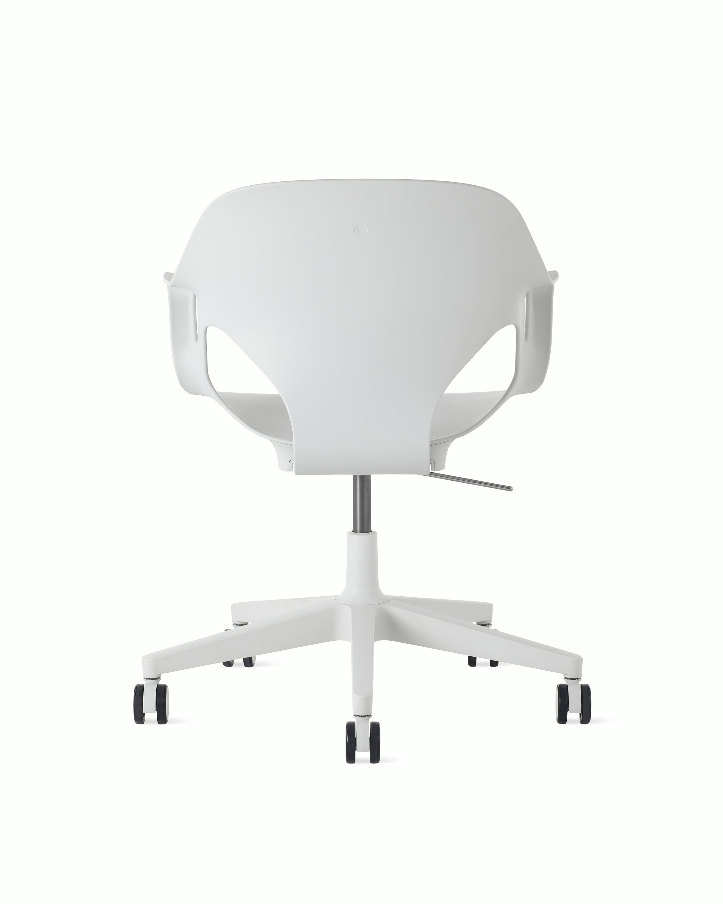 Rear  view of a Zeph chair with fixed arms in light grey.
