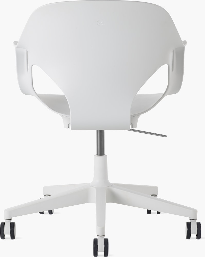 Rear  view of a Zeph chair with fixed arms in light grey.