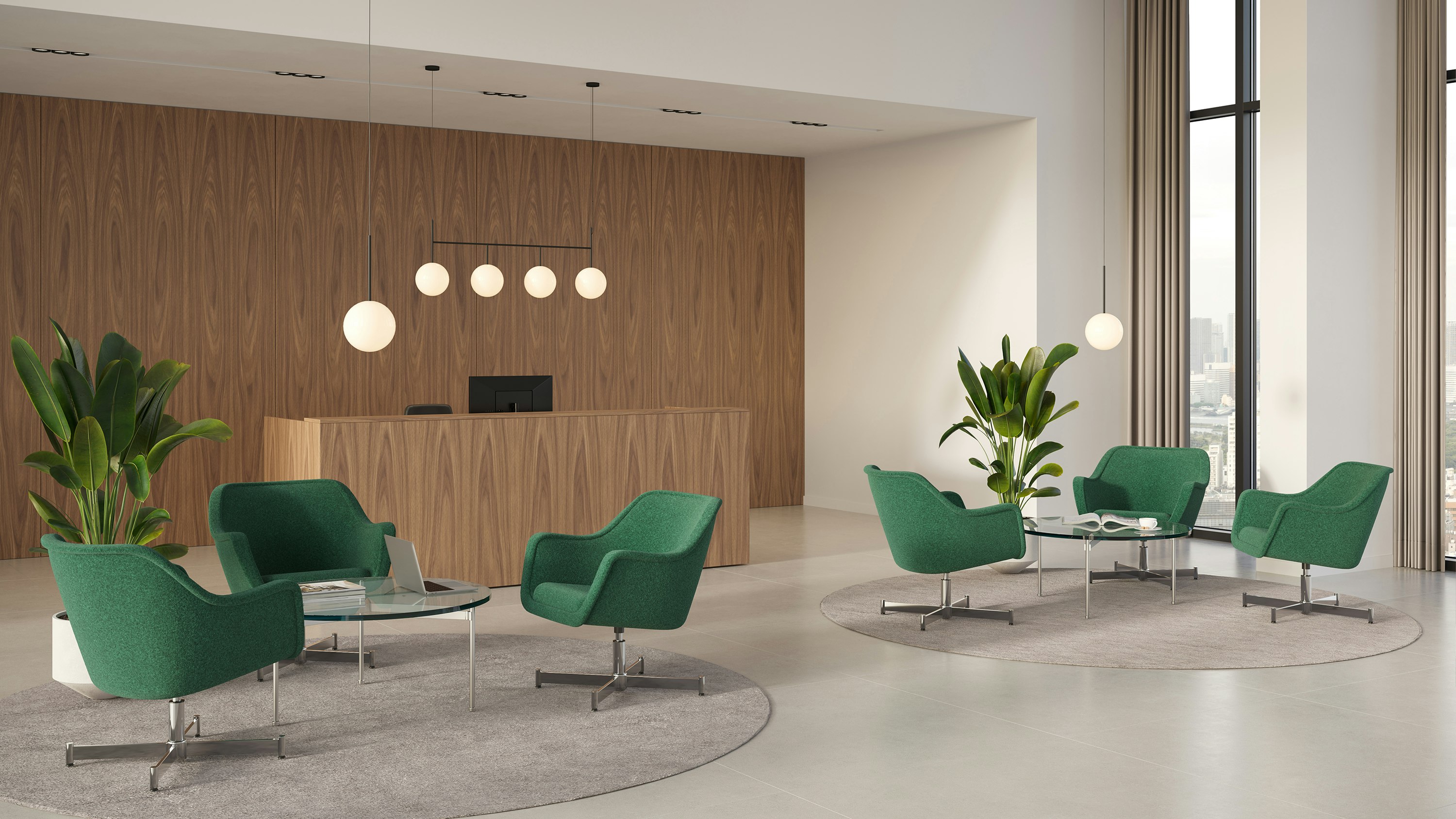 Bumper Lounge Chairs in a lobby setting with Geiger One reception desk.