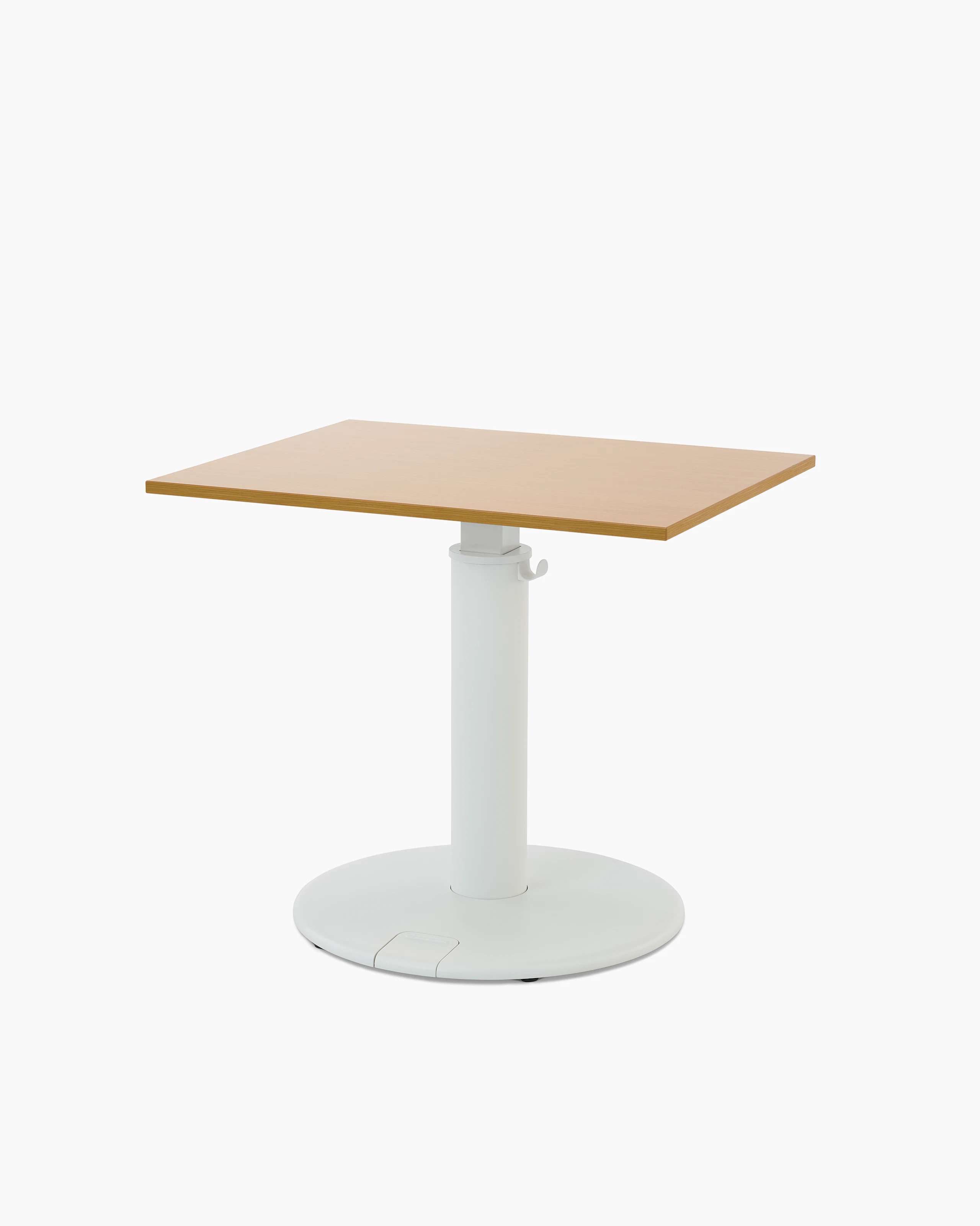 OE1 Sit-to-Stand Table with white base and brown rectangular surface, viewed from a front angle.