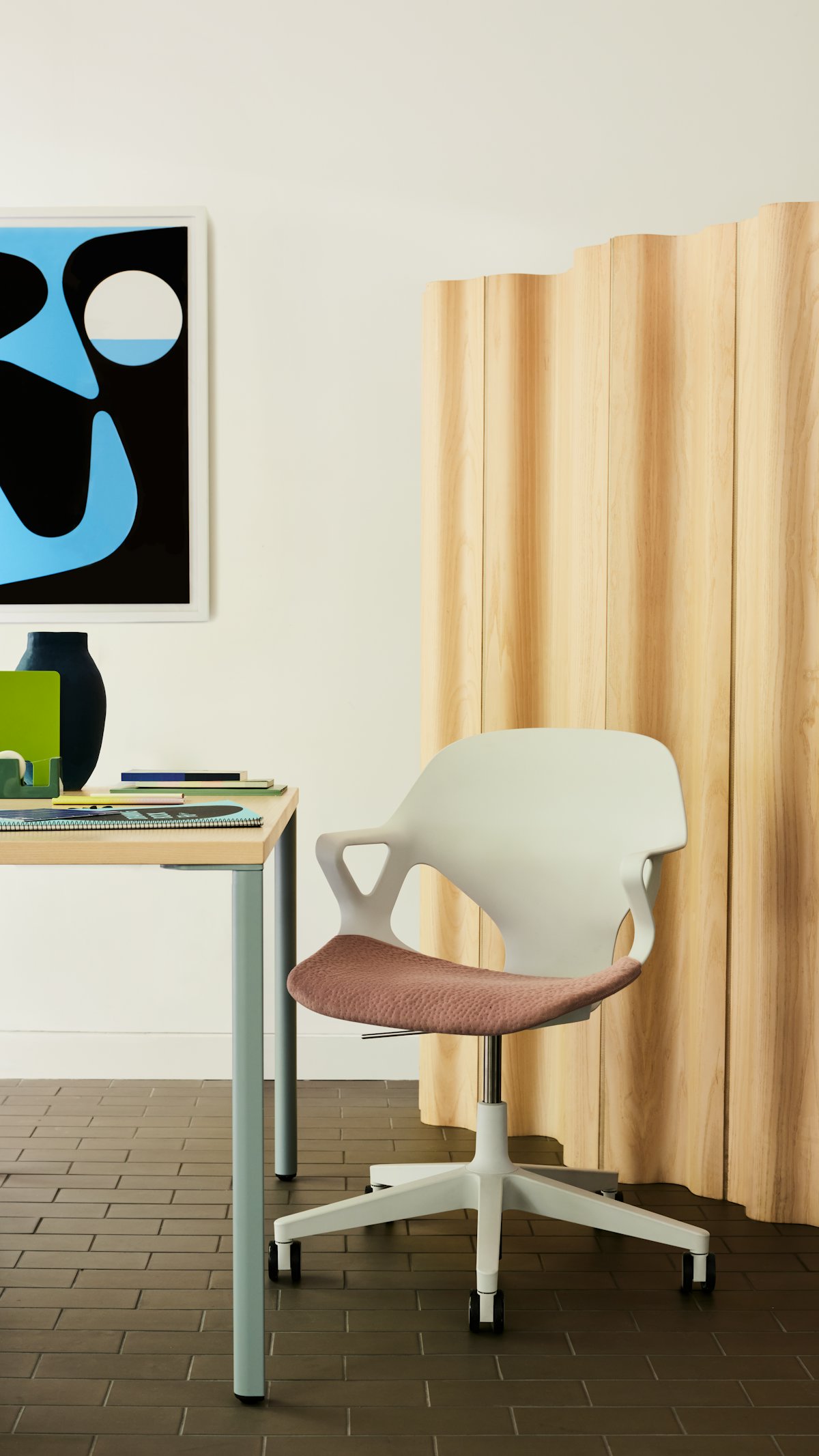 Zeph Chair at OE1 Table with Eames Plywood Folding Screen