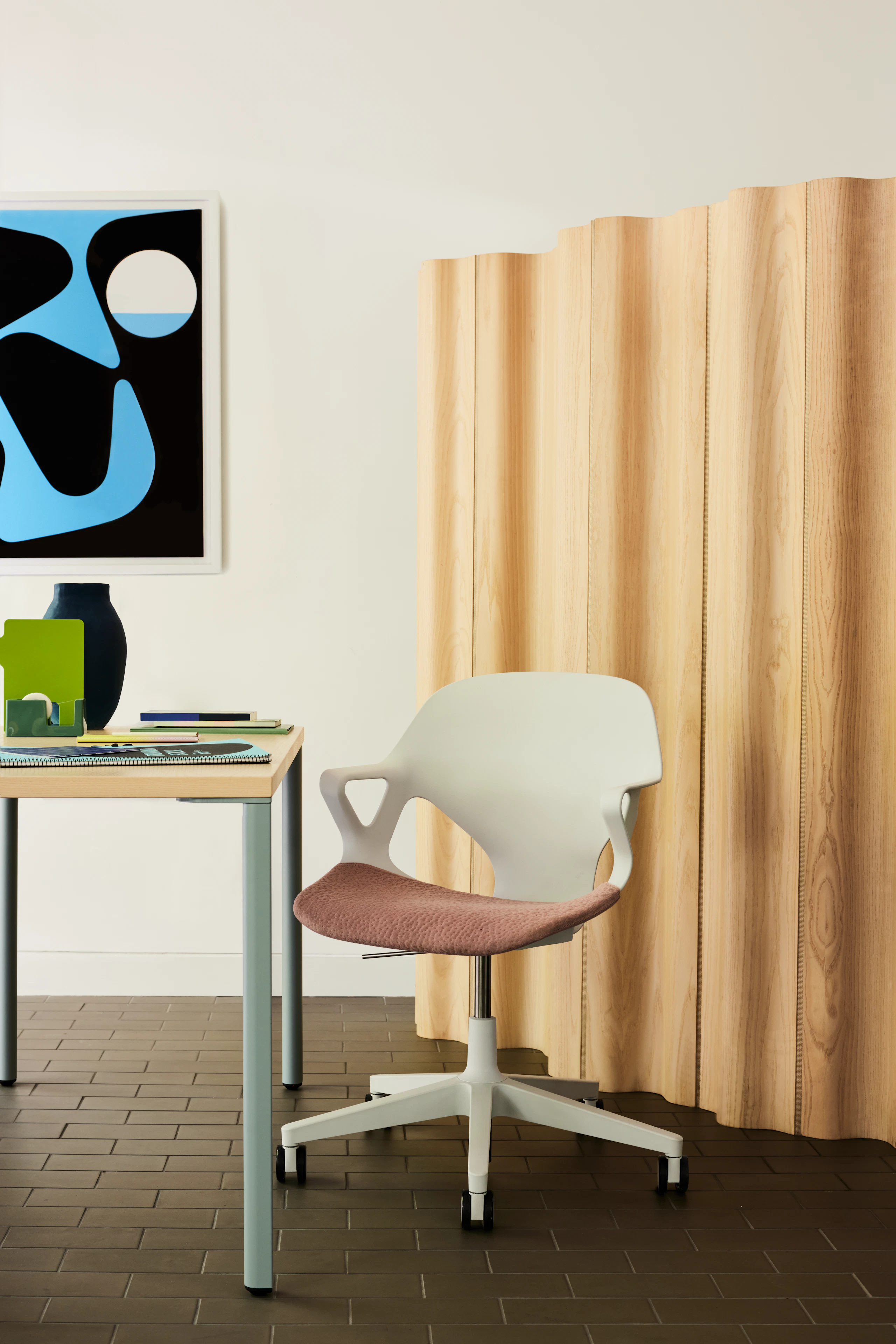 Zeph Chair at OE1 Table with Eames Plywood Folding Screen
