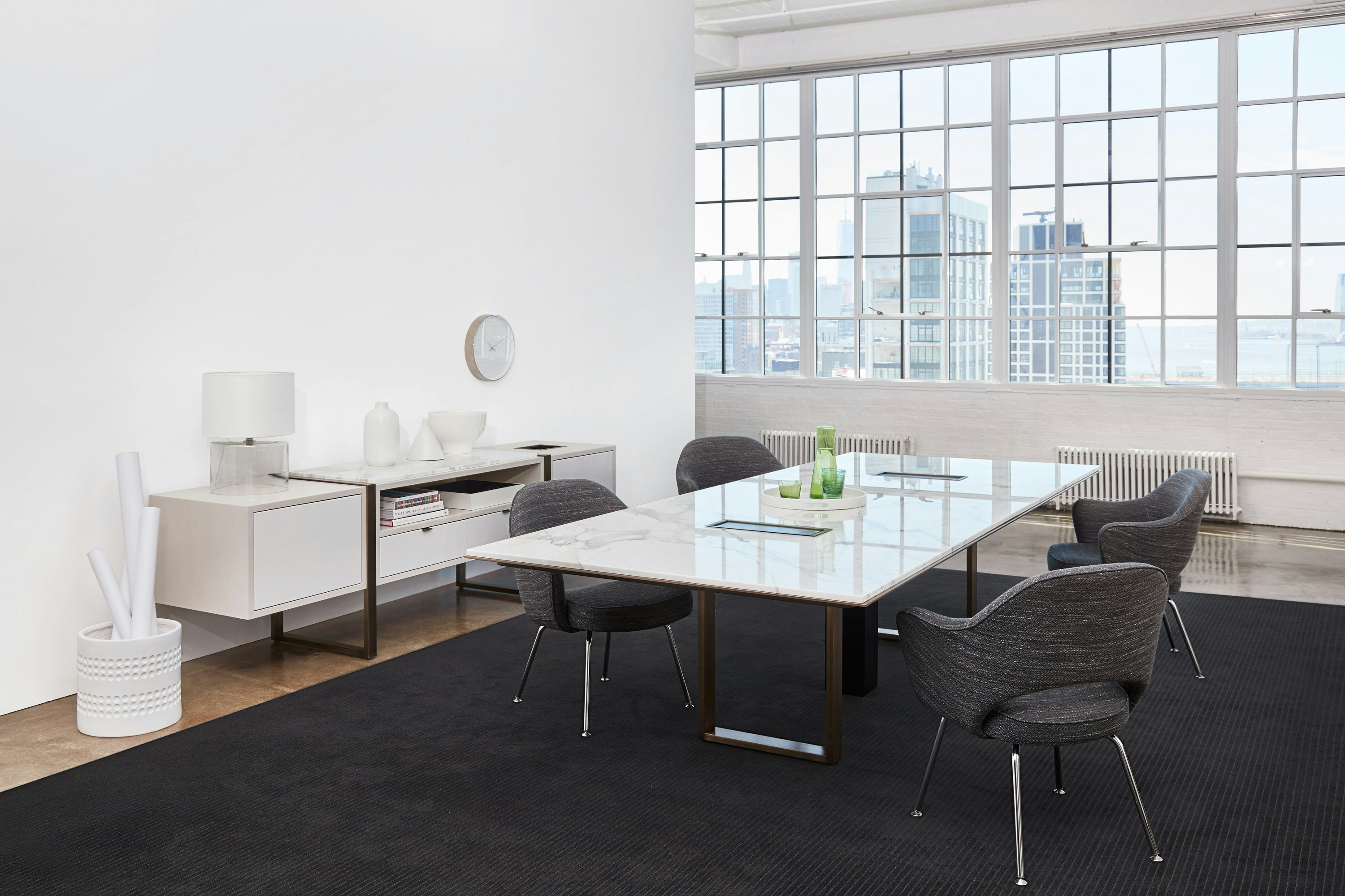 Highline Conference Table in a Conference Room setting with Highline Credenza, angled view.