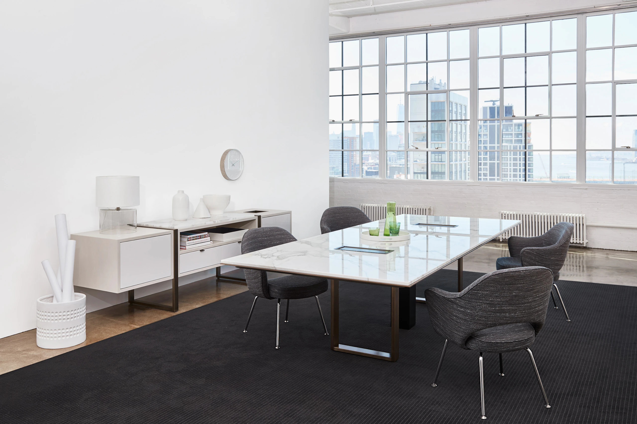 Highline Conference Table in a Conference Room setting with Highline Credenza, angled view.