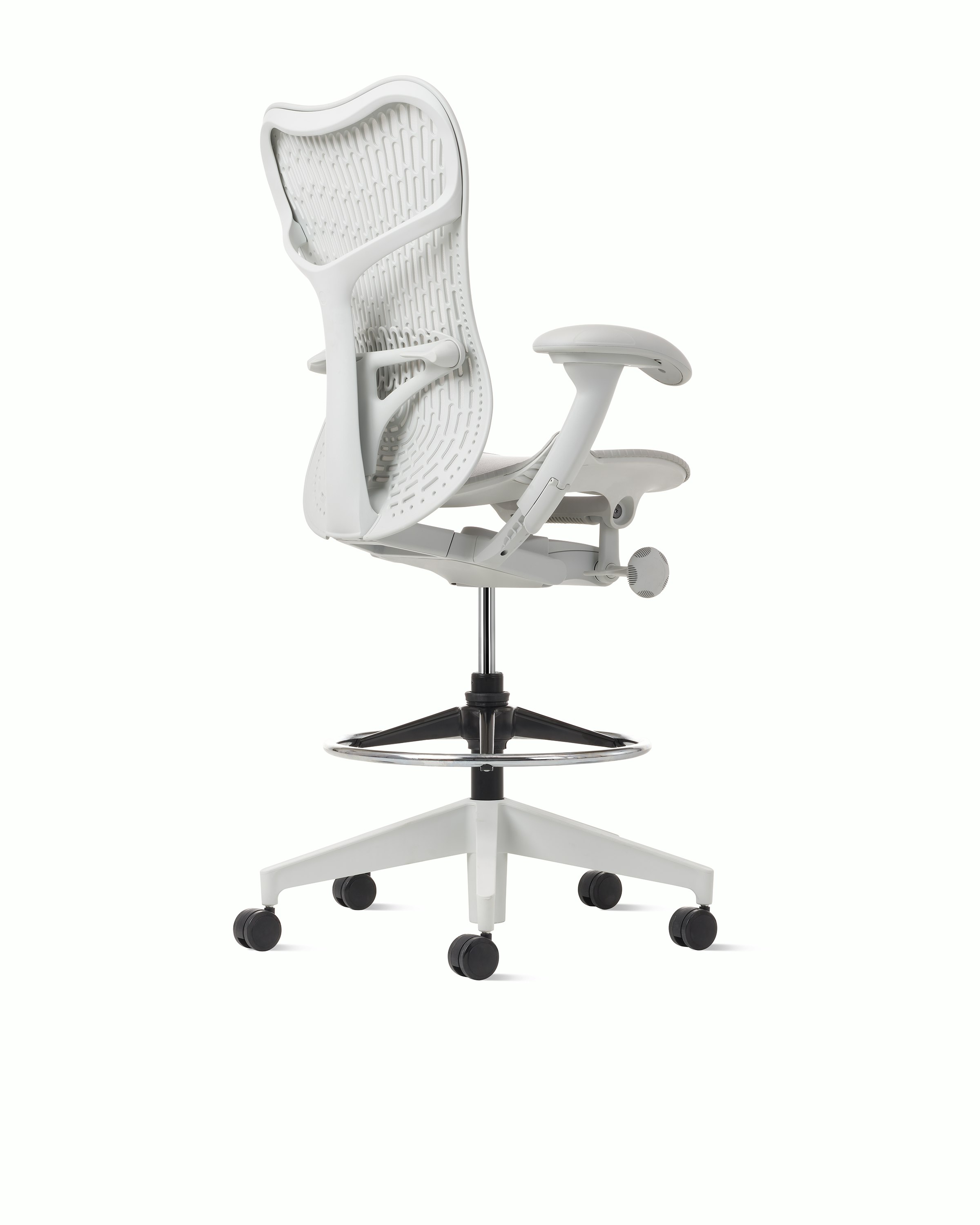 Rear angle view of a Mirra 2 stool with a Butterfly back  in alpine. 