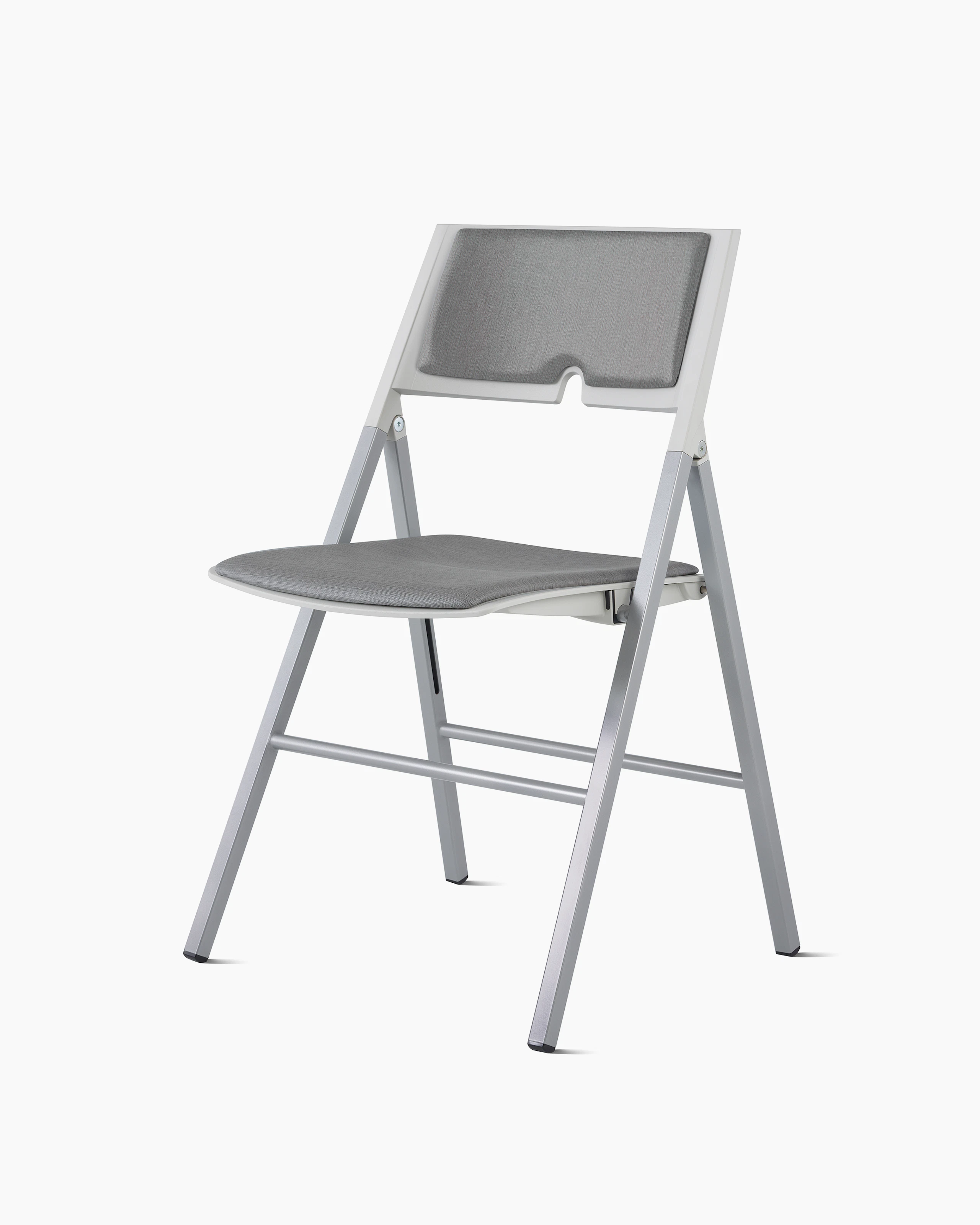 Angled front view of an Axa Folding Chair with an upholstered back and seat in gray and silver metal frame and legs.