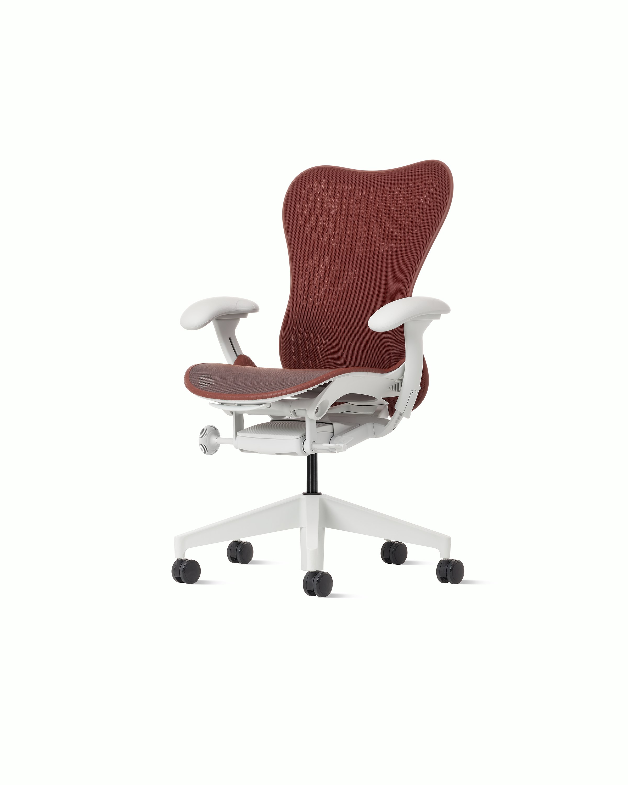 Front angle view of a Mirra 2 chair with a Butterfly back in cordovan and alpine frame.