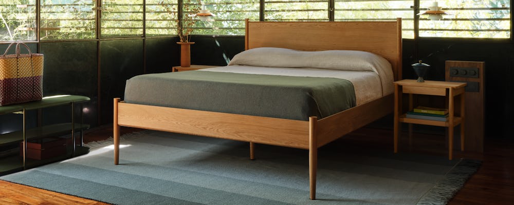 Cove Bed High in Oak, Risom Side Tables and Wave Rug