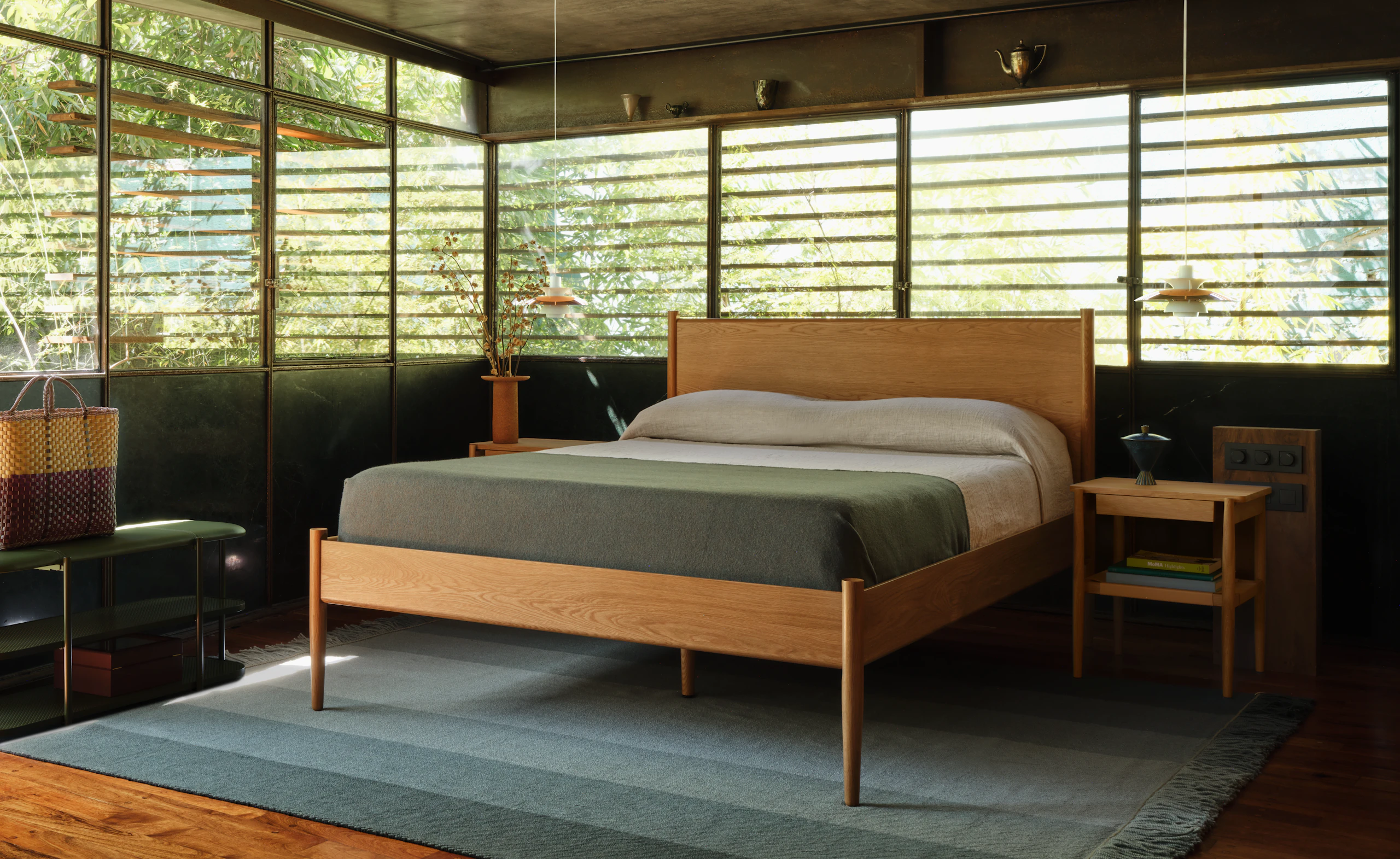 Cove Bed High in Oak, Risom Side Tables and Wave Rug