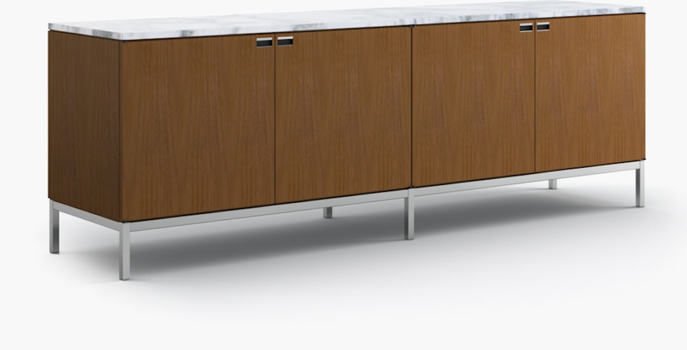 Florence Knoll Credenza - Four Position, Polished Chrome, Medium Brown, Satin Arabescato