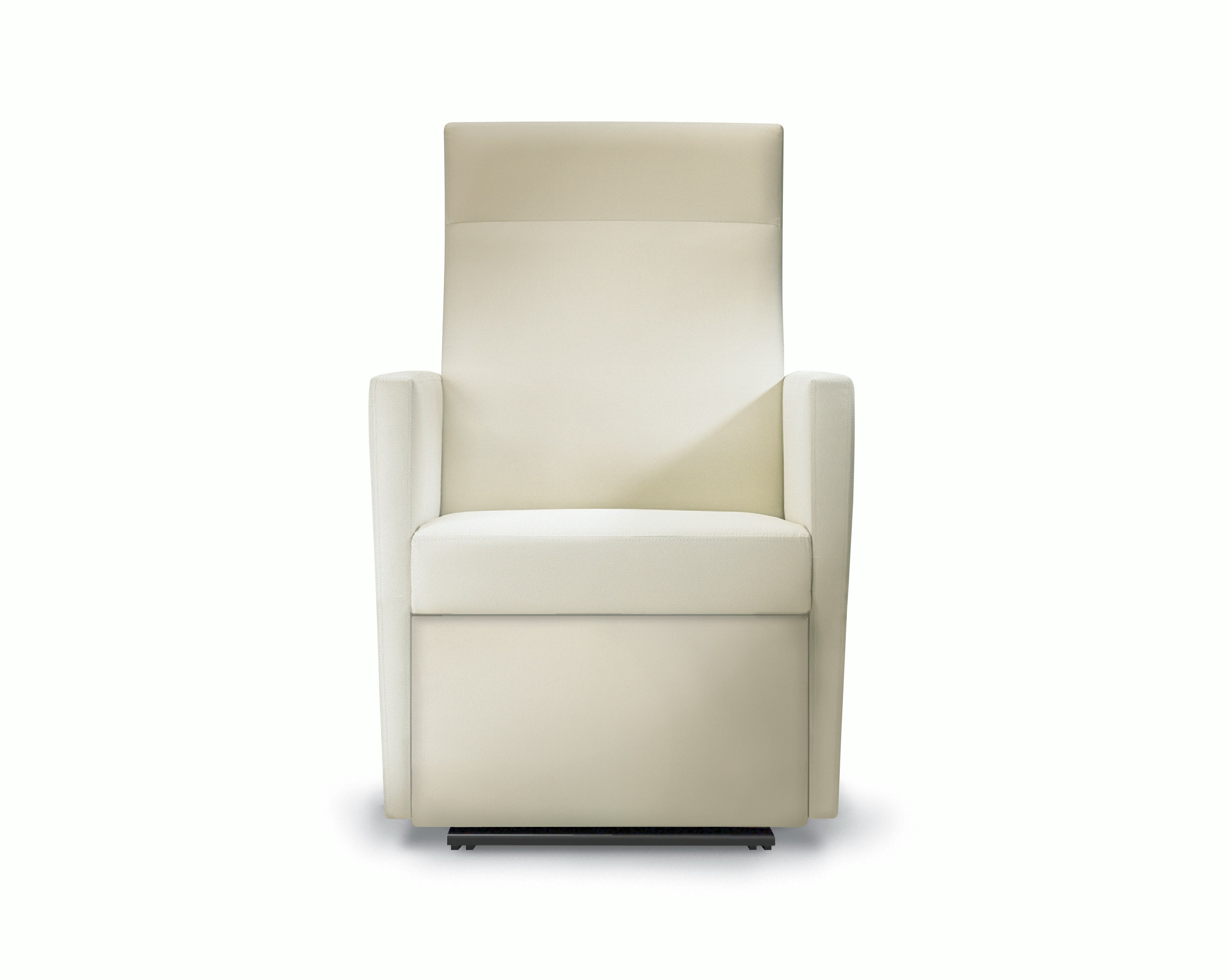 A front view of a Brava Glider with high back in white textile with fully upholstered arms.