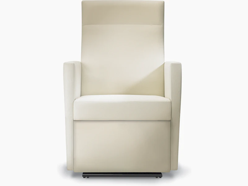 A front view of a Brava Glider with high back in white textile with fully upholstered arms.