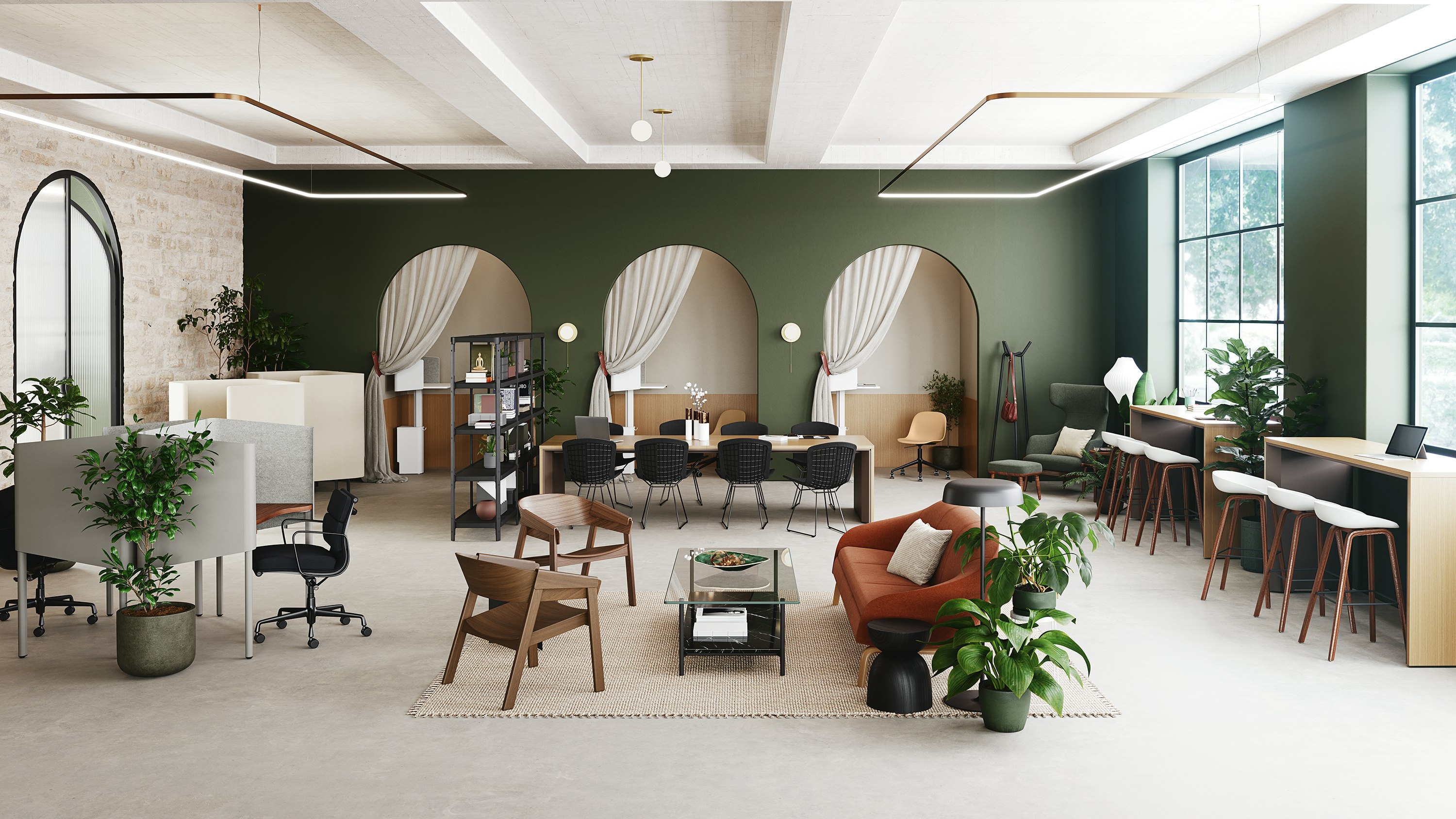 A biophilic study hall that supports focused activities featuring products from Herman Miller, Knoll, HAY, Muuto, Geiger, Design Within Reach, and naughtone.