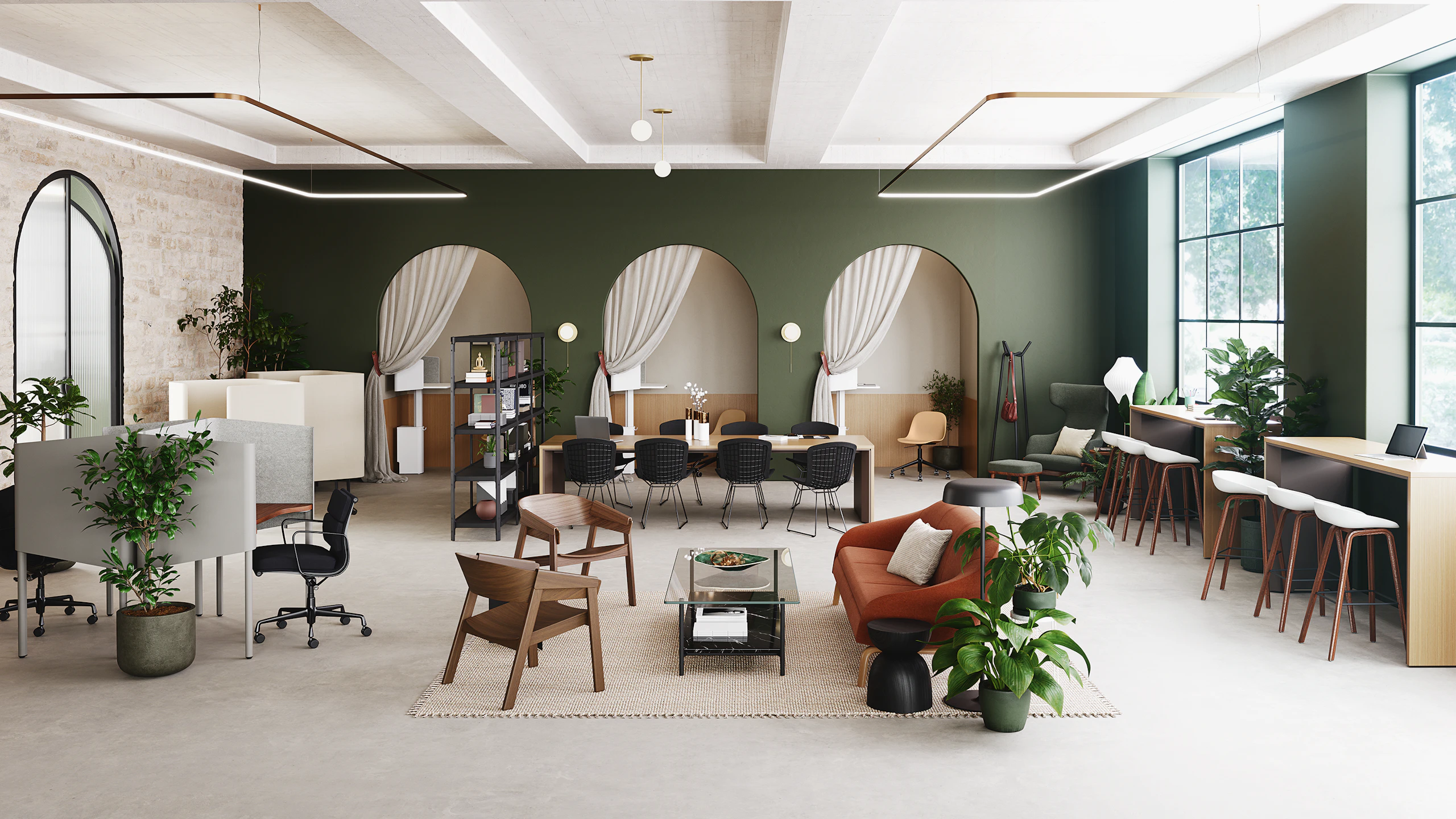 A biophilic study hall that supports focused activities featuring products from Herman Miller, Knoll, HAY, Muuto, Geiger, Design Within Reach, and naughtone.