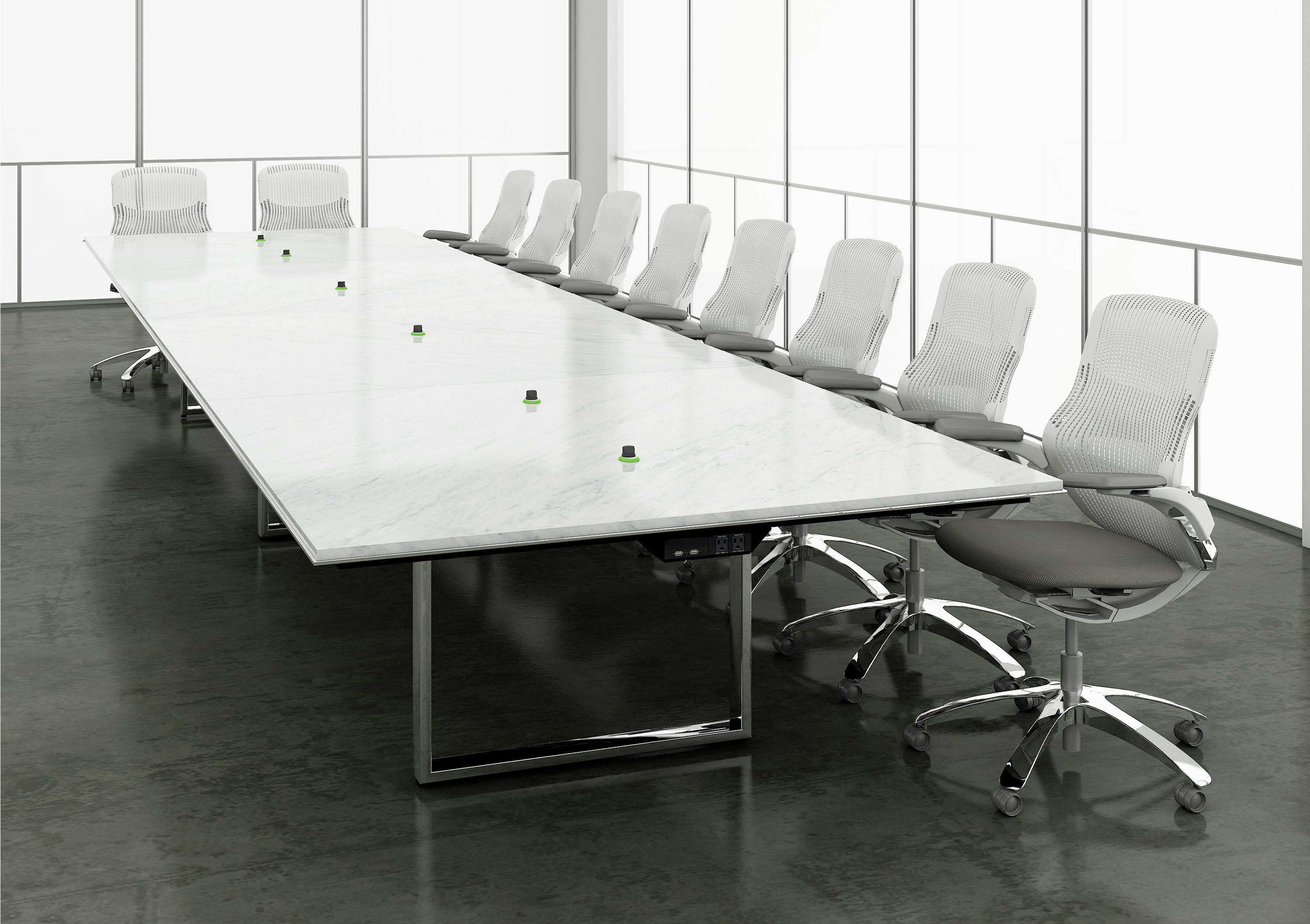 Highline Conference Table with mic holes and undermount power in Conference Room setting.