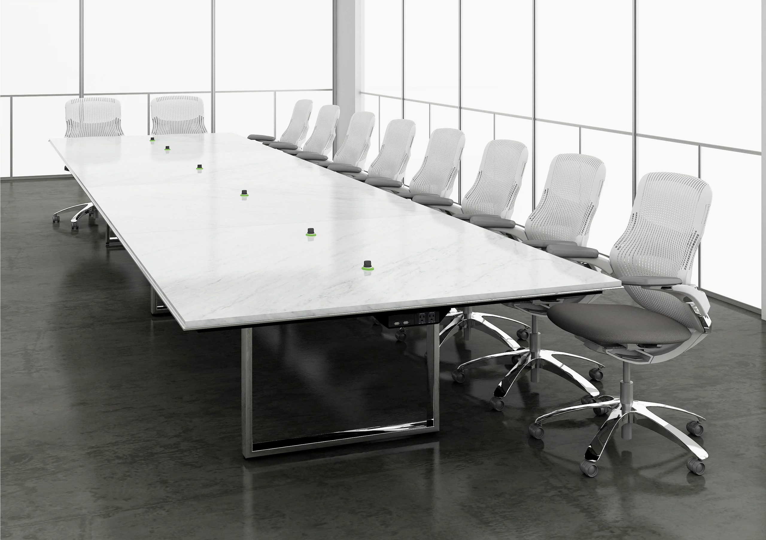 Highline Conference Table with mic holes and undermount power in Conference Room setting.