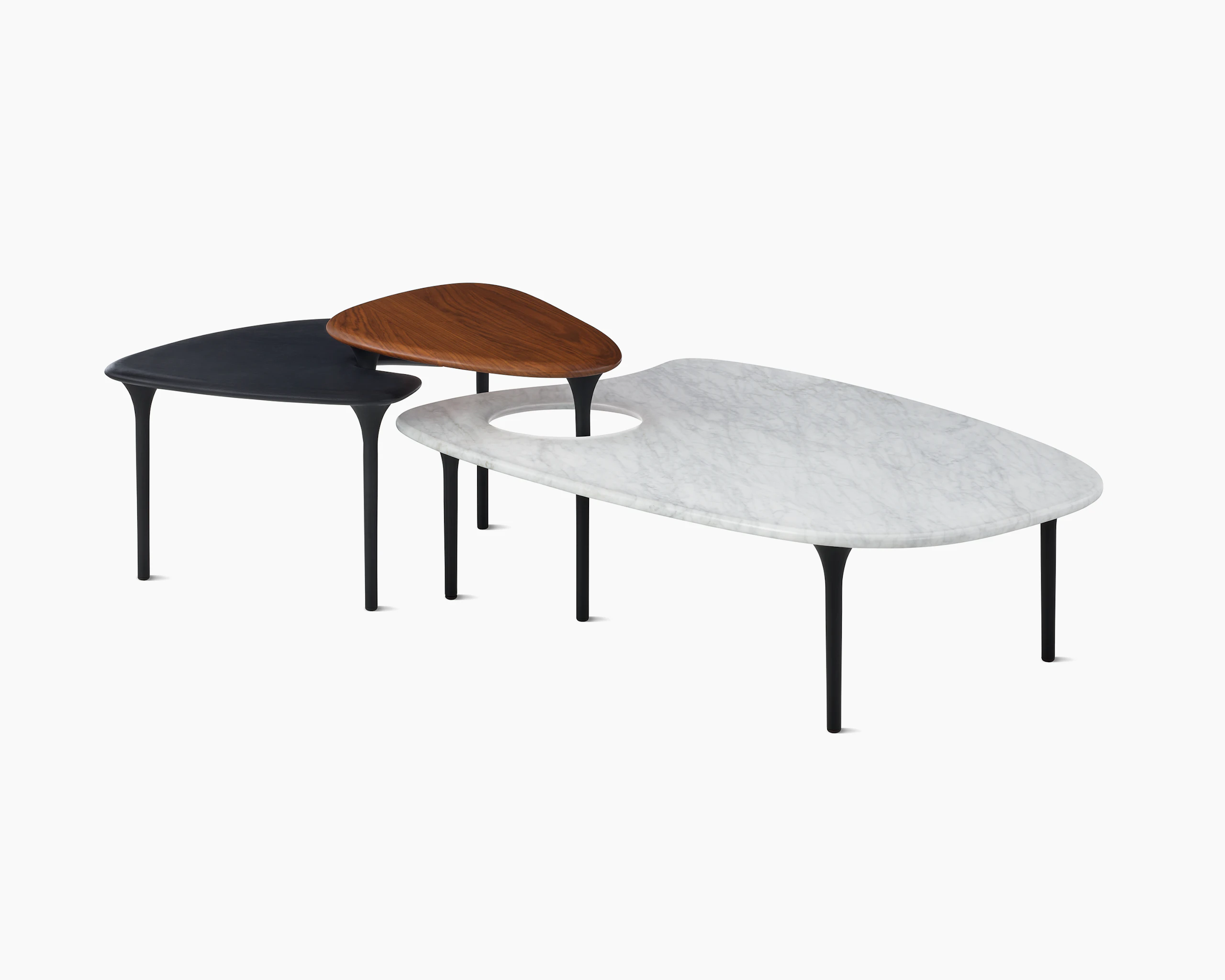 Cyclade Tables, Family with ebony, walnut , and marble tops
