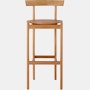 An oak bar-height Comma Stool, viewed from the front.