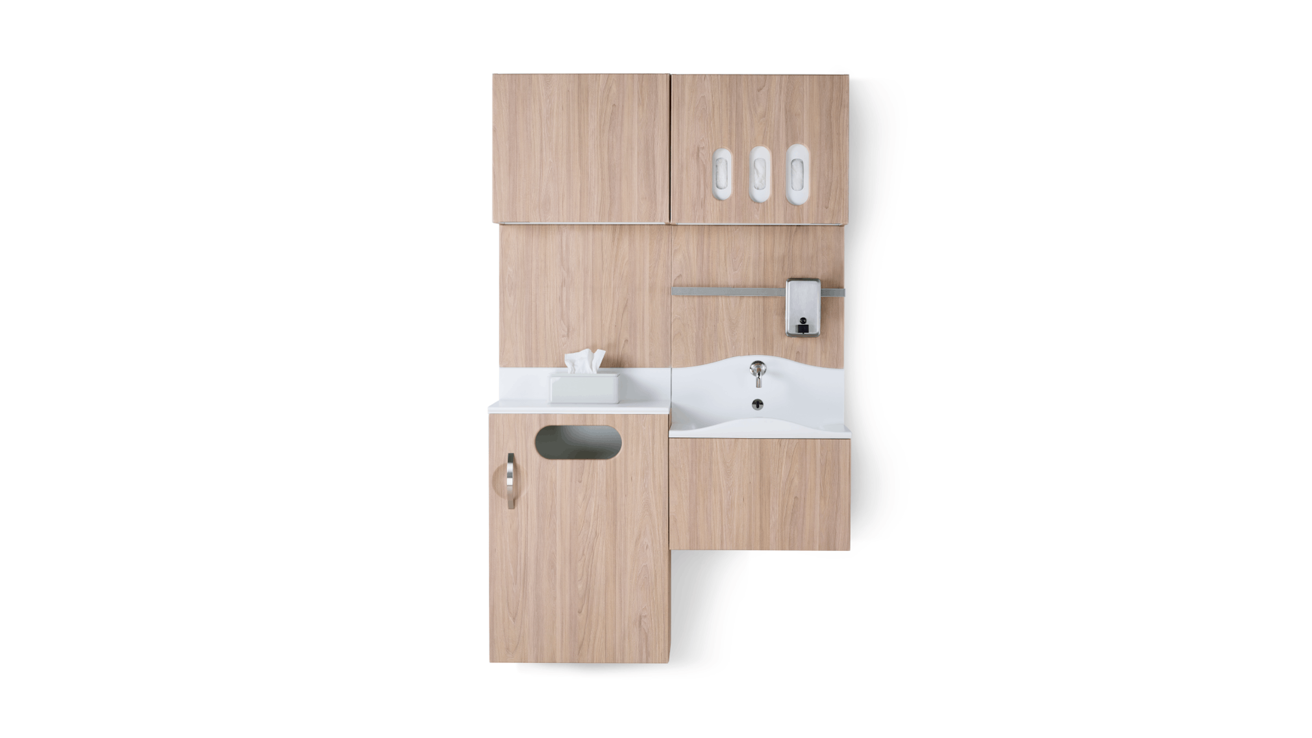 Front view of Compass System casework wall unit in a medium elm wood laminate finish with integrated waste receptacle, white solid surface sink, and upper storage for gloves.