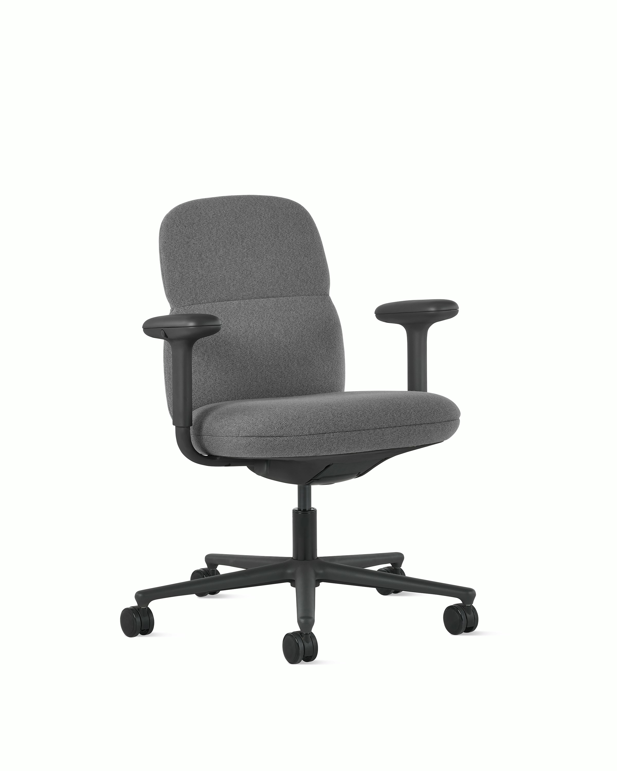Front angle view of a mid-back Asari chair by Herman Miller in dark grey with height adjustable arms.