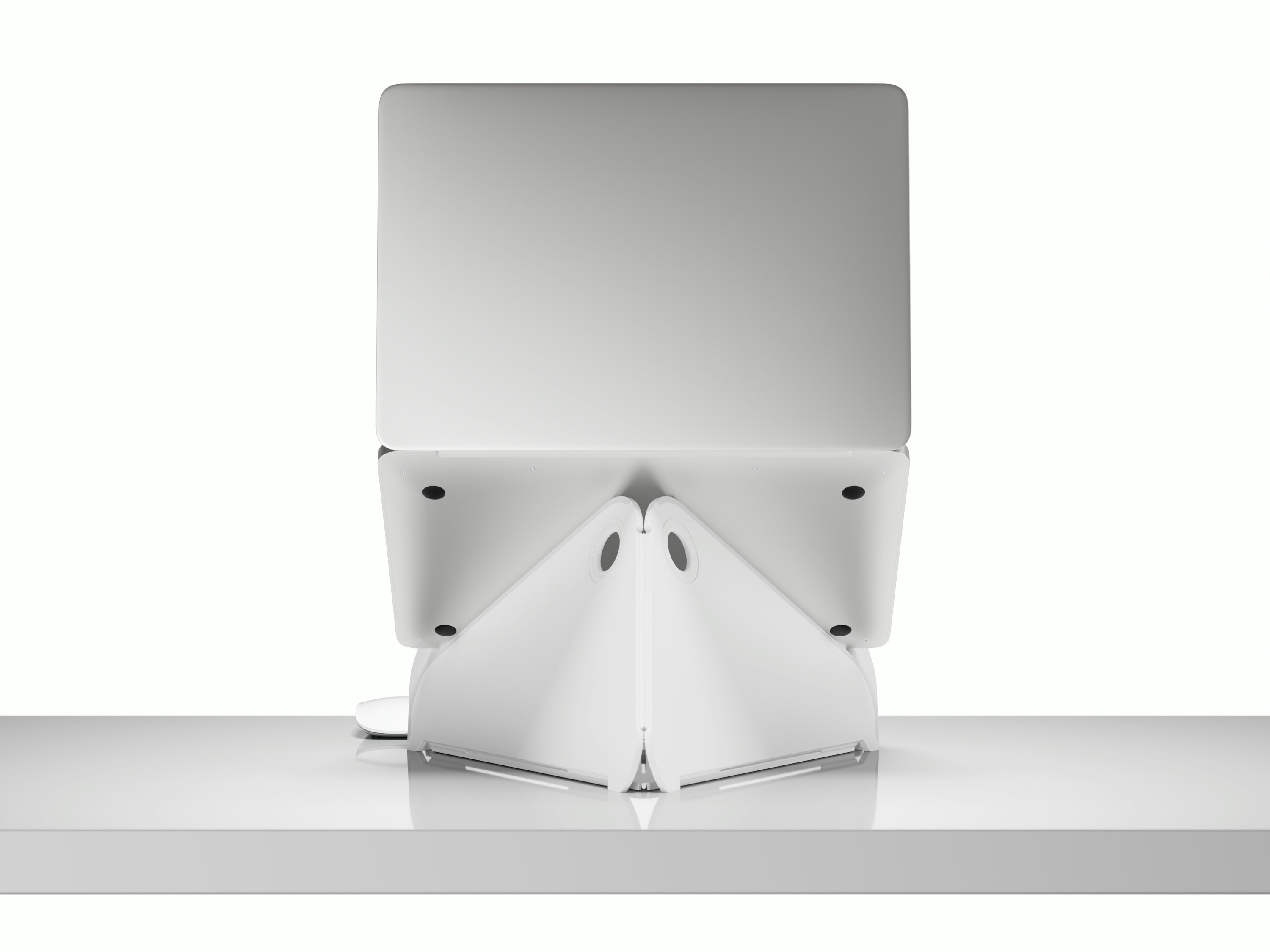 Back view of an open laptop raised to eye level on an Oriupra Laptop Stand.