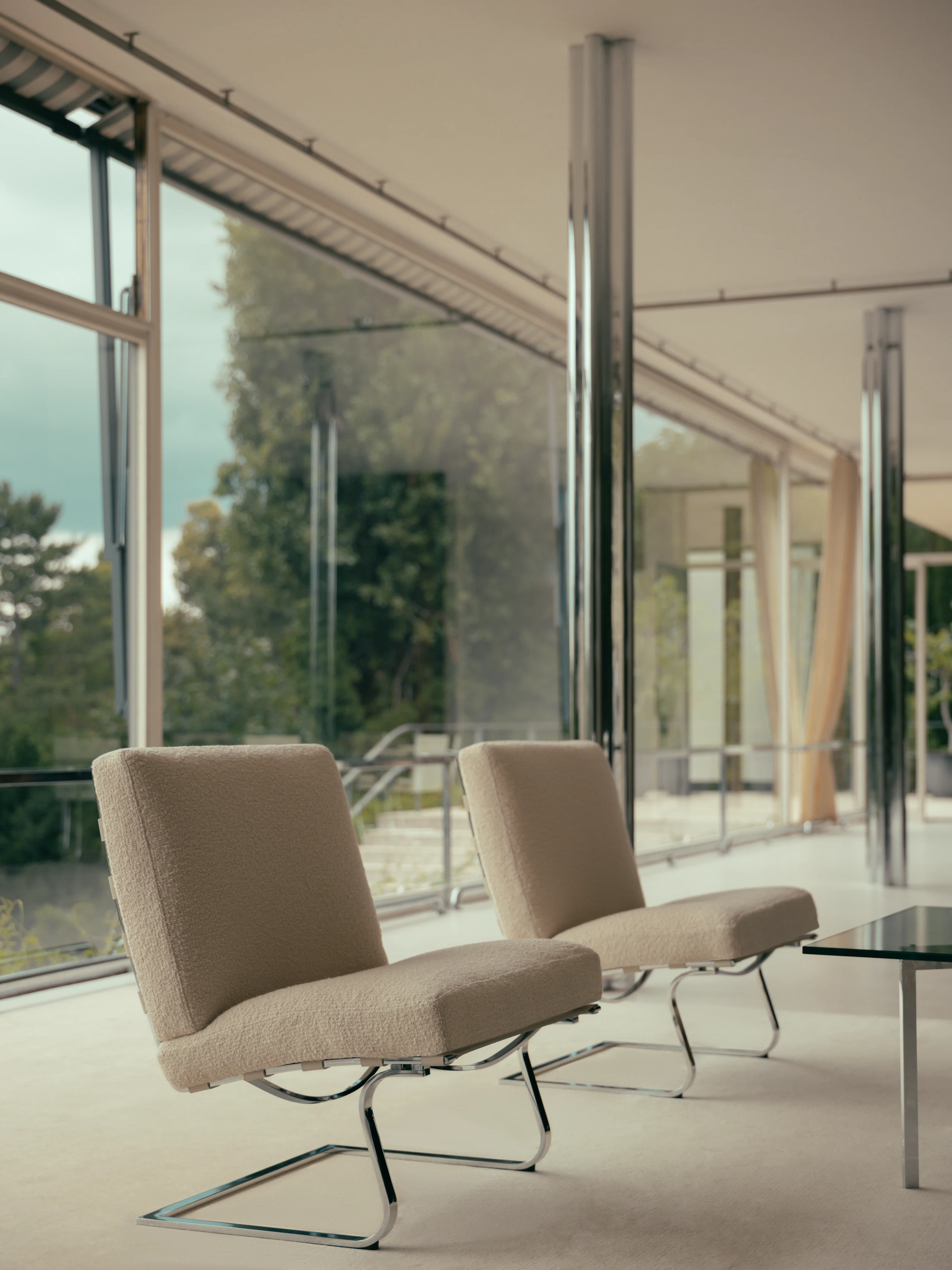 Tugendhat Lounge Chairs in cream upholstery and chrome base at Villa Tugendhat.