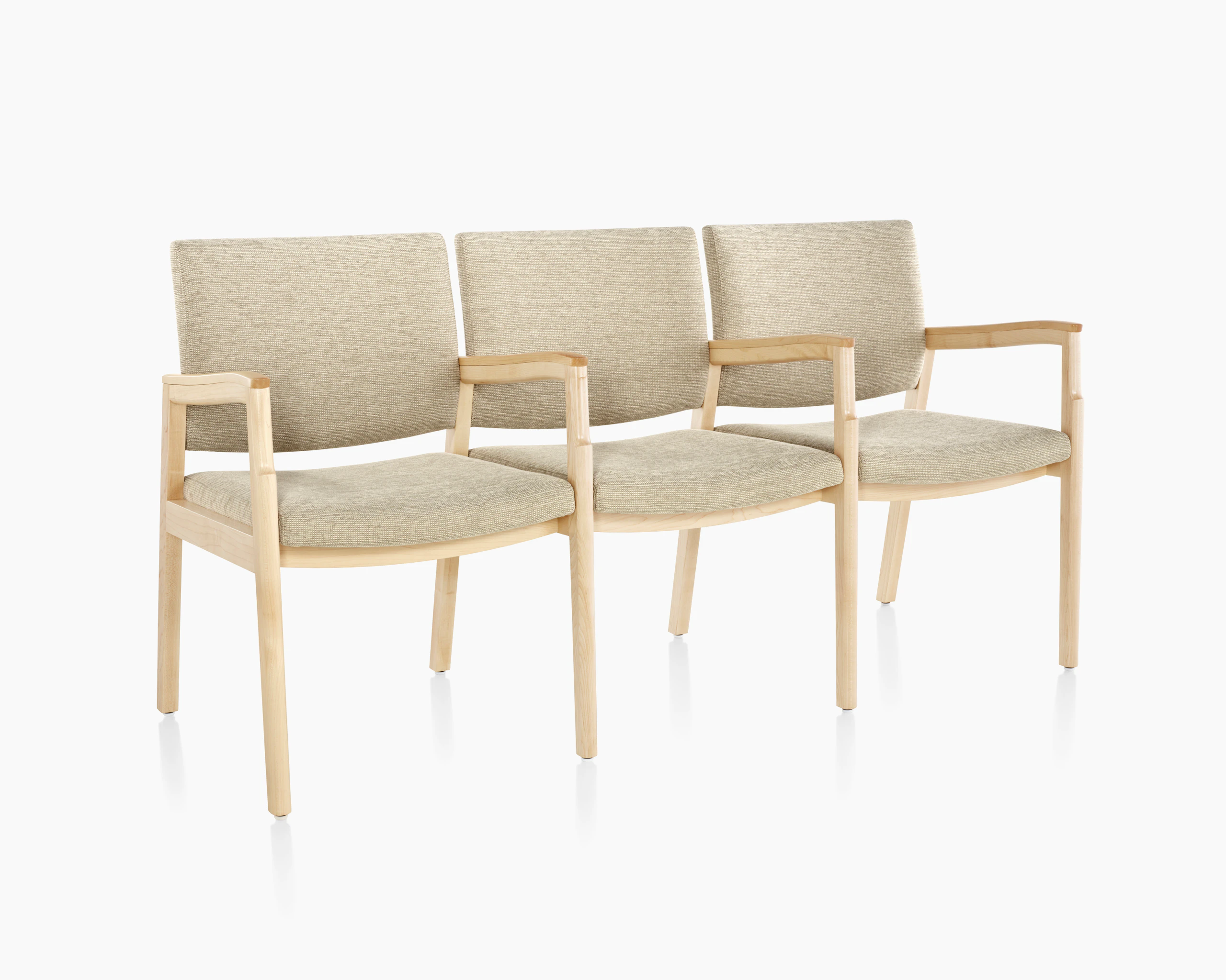 Monarch Multiple Seating (three seat with intervening arms and legs) in tan textile with solid hardwood frame.