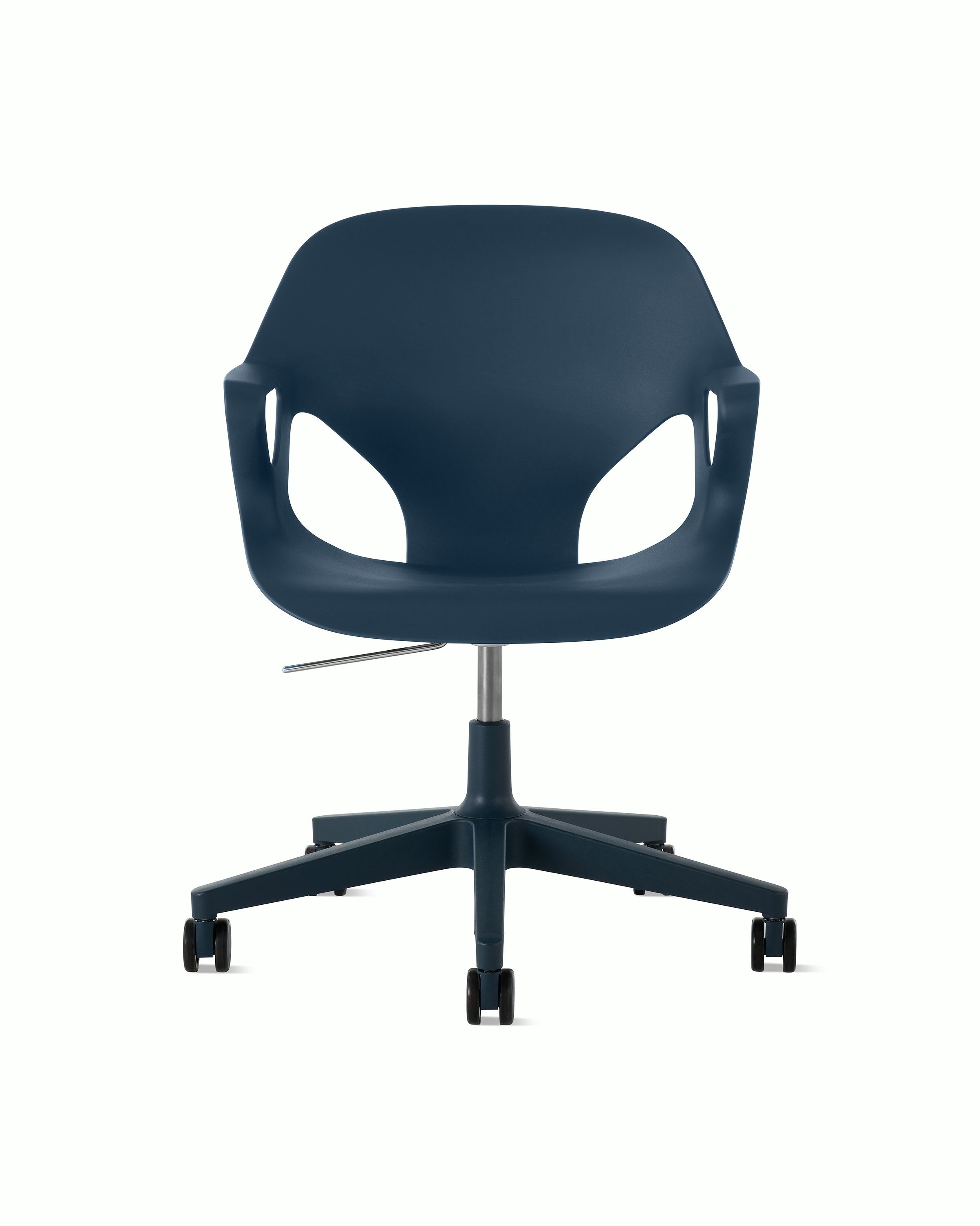 Front  view of a Zeph chair with fixed arms in dark blue.