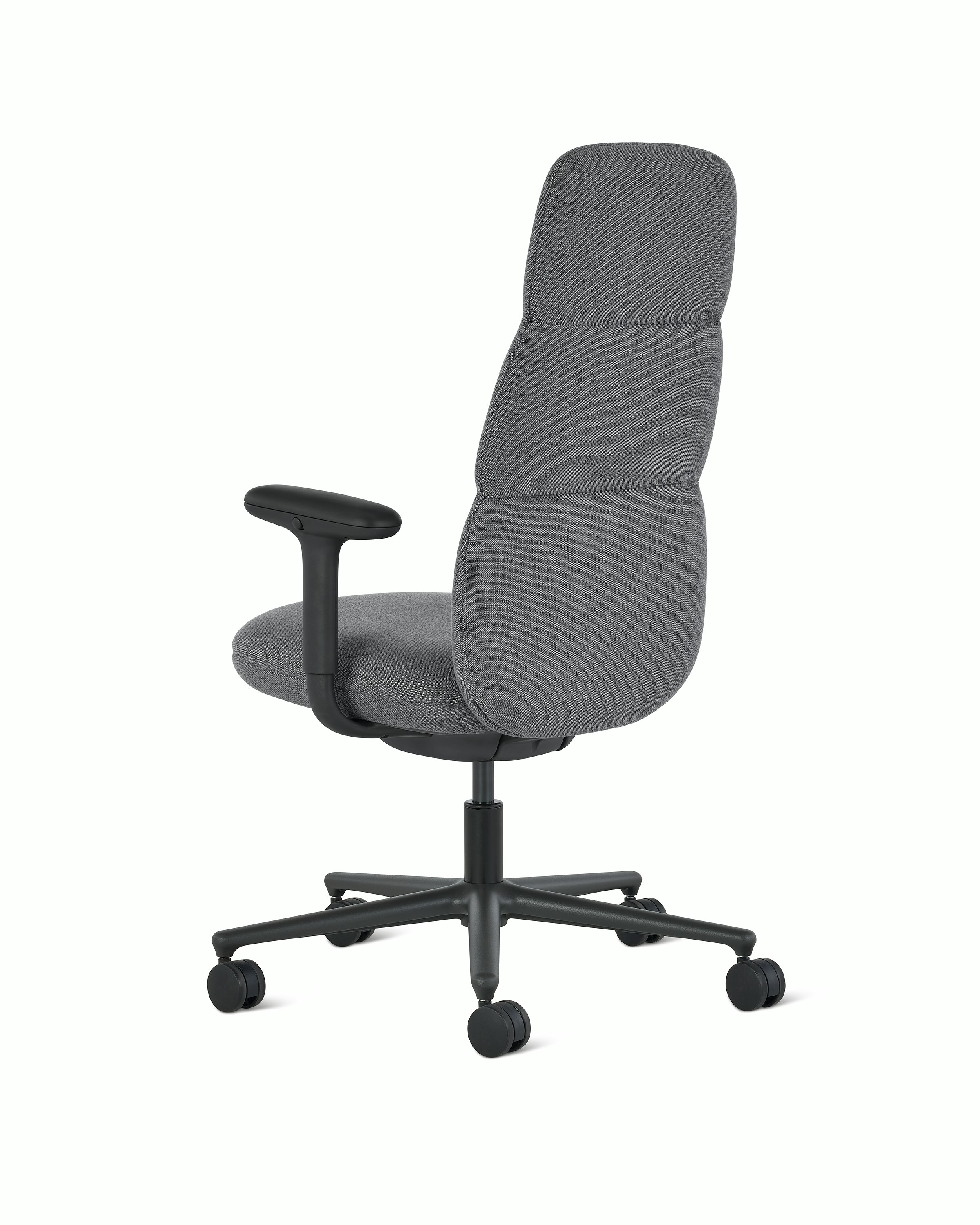 Rear angle view of a high-back Asari chair by Herman Miller in dark grey with height adjustable arms.