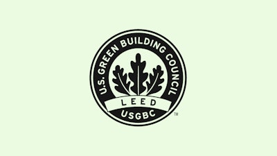 The LEED logo on a mint colored background.
