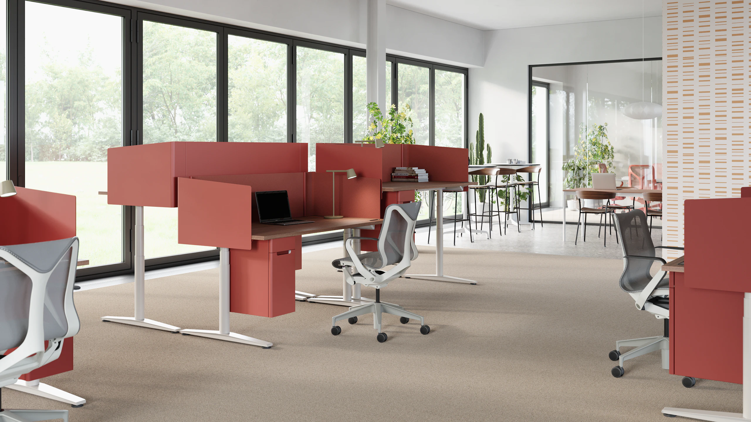 Three pack of workspaces with u-shaped canyon metal screens, white table legs, large canyon suspended storage, and laminate top. A Cosm chair is at one desk.