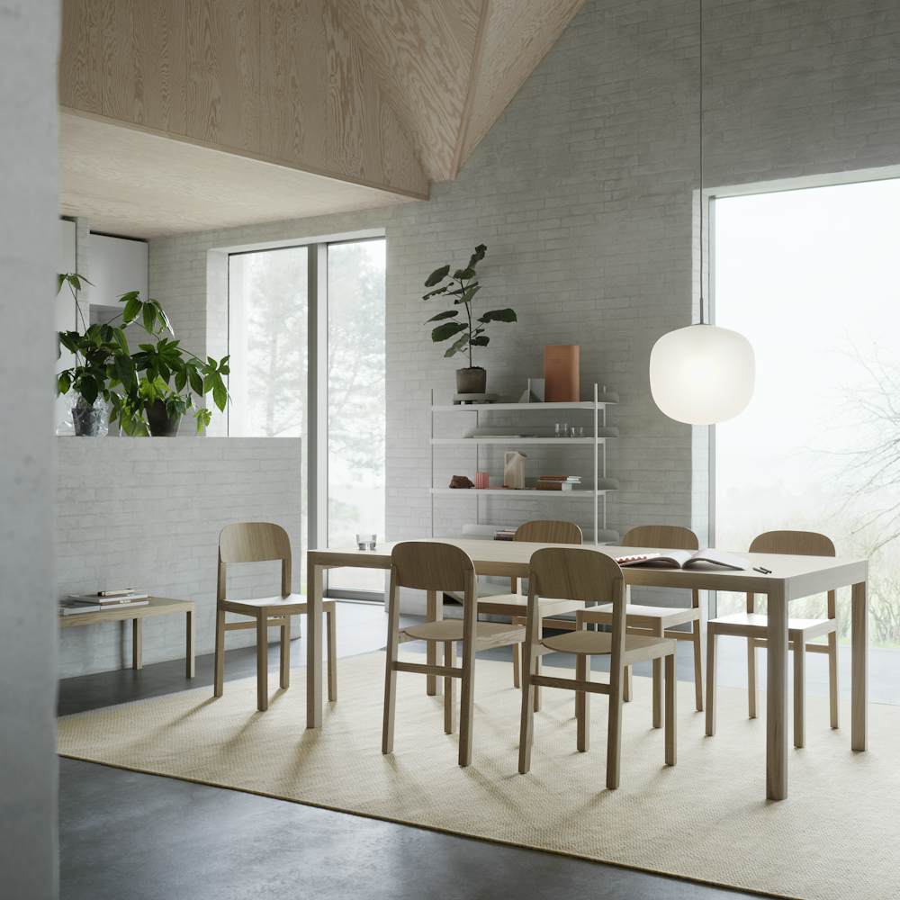 Workshop Dining Table - Oak/Linoleum, Workshop Coffee Table - Oak, Workshop Chair - Oak, Rime Pendant Lamp - Grey, Compile Shelving System - Grey, Ply Rug - Yellow, Ridge Vase - Terracotta, Tub Jug - Sand, Platform tray - Grey